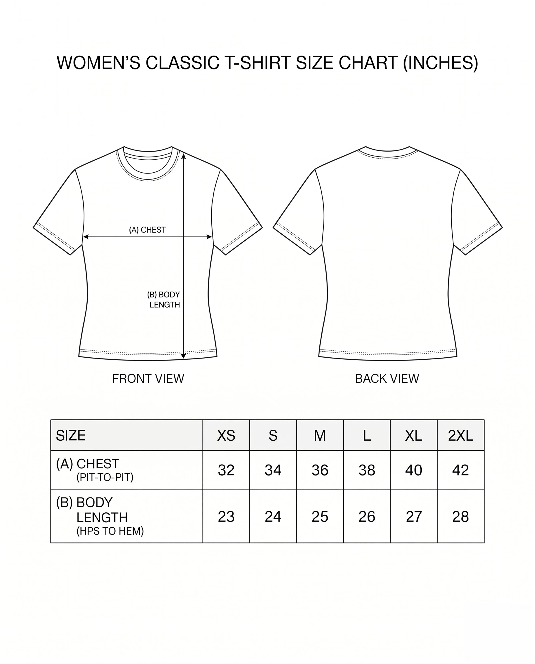 PEOPLE'S CHAMP - women's regular-fit t-shirt size chart with measurements.