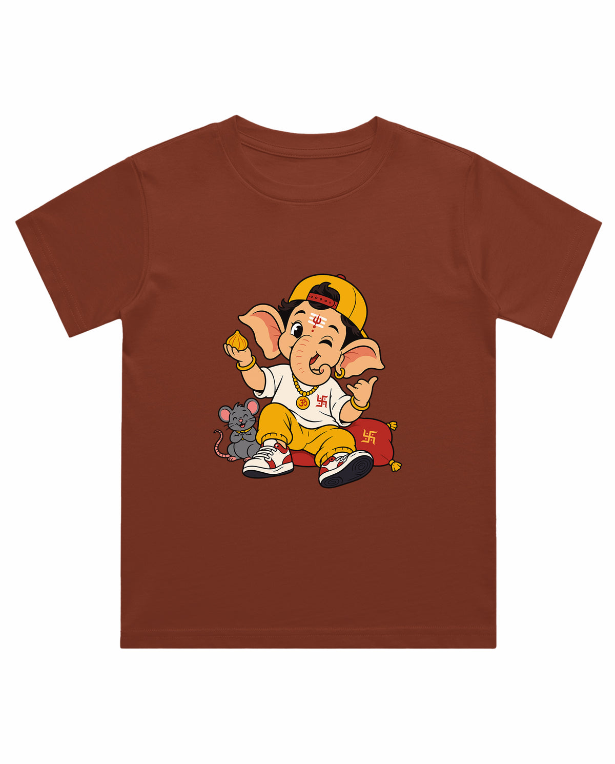Front view of PLAYFUL GANESHA - Boys Regular Fit T-Shirt in brick red.