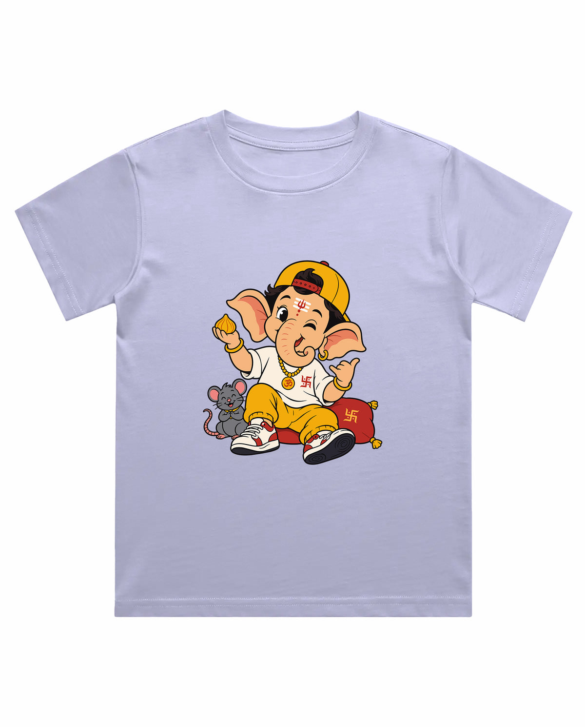 Front view of PLAYFUL GANESHA - Boys Regular Fit T-Shirt in lavender.