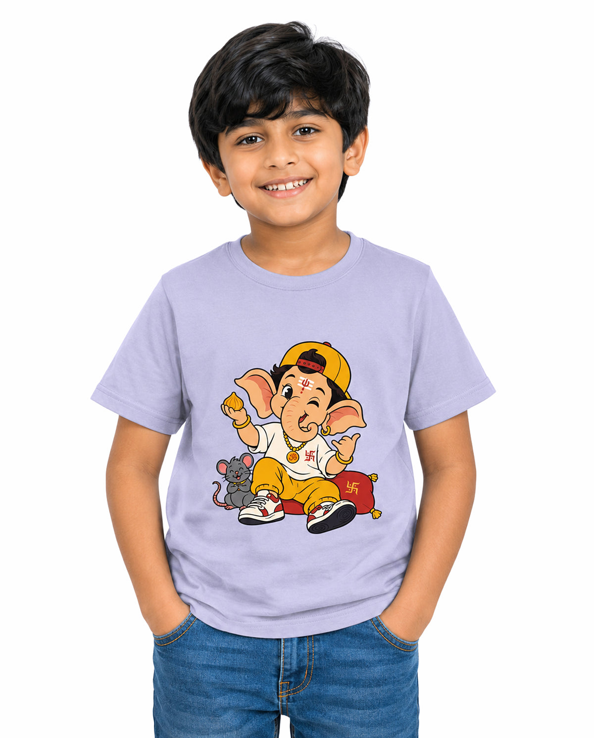 Front view of boy wearing PLAYFUL GANESHA - Boys Regular Fit T-Shirt in lavender in a studio setting.