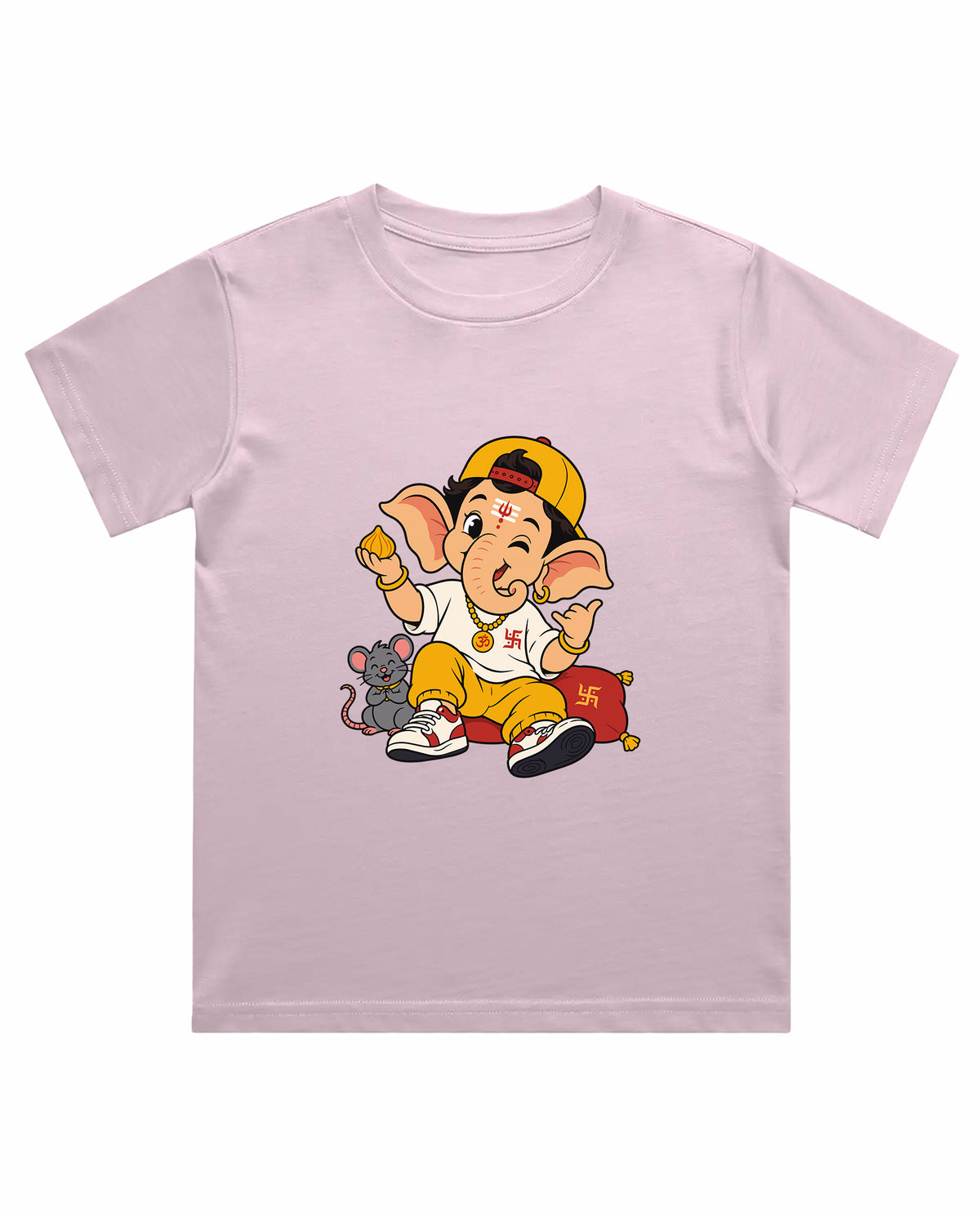 Front view of PLAYFUL GANESHA - Boys Regular Fit T-Shirt in light baby pink.