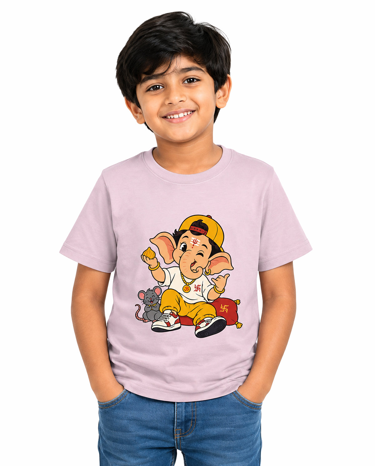 Front view of boy wearing PLAYFUL GANESHA - Boys Regular Fit T-Shirt in light baby pink in a studio setting.