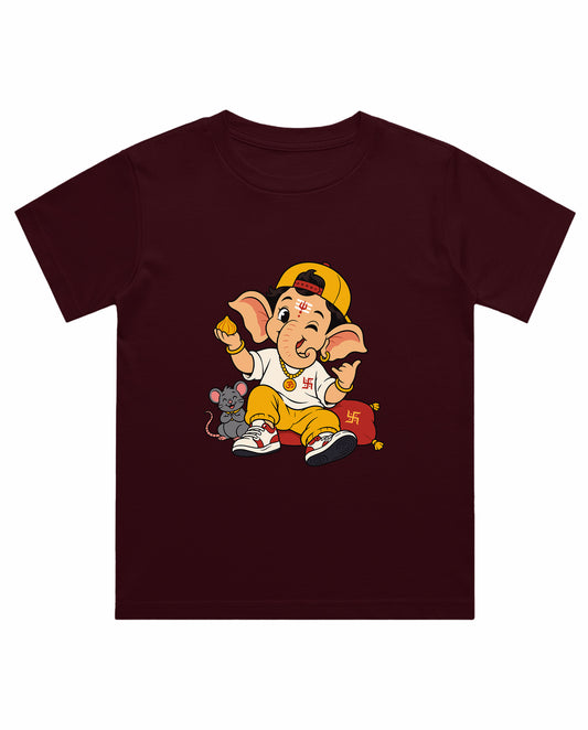 Front view of PLAYFUL GANESHA - Boys Regular Fit T-Shirt in maroon.