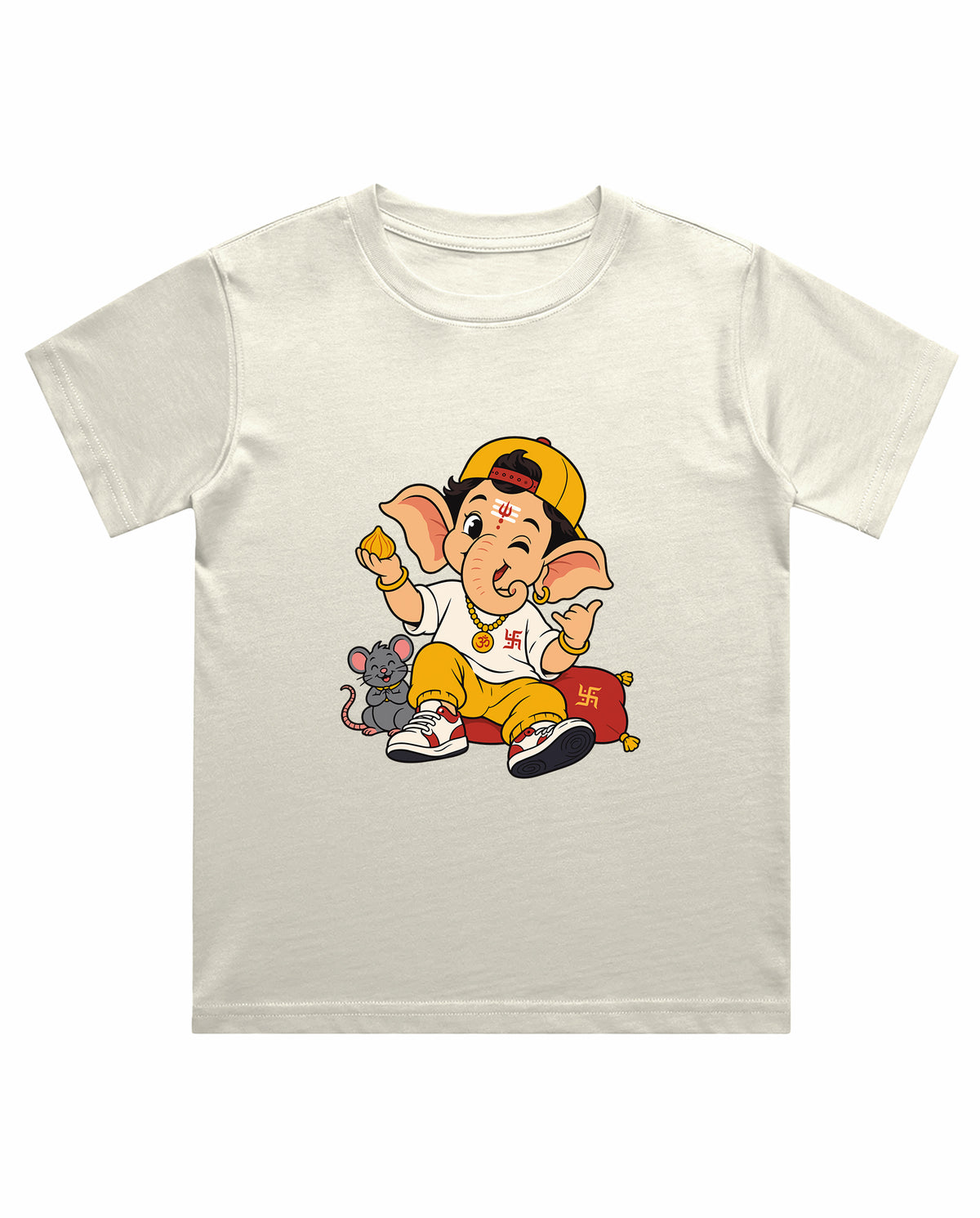 Front view of PLAYFUL GANESHA - Boys Regular Fit T-Shirt in off-white.