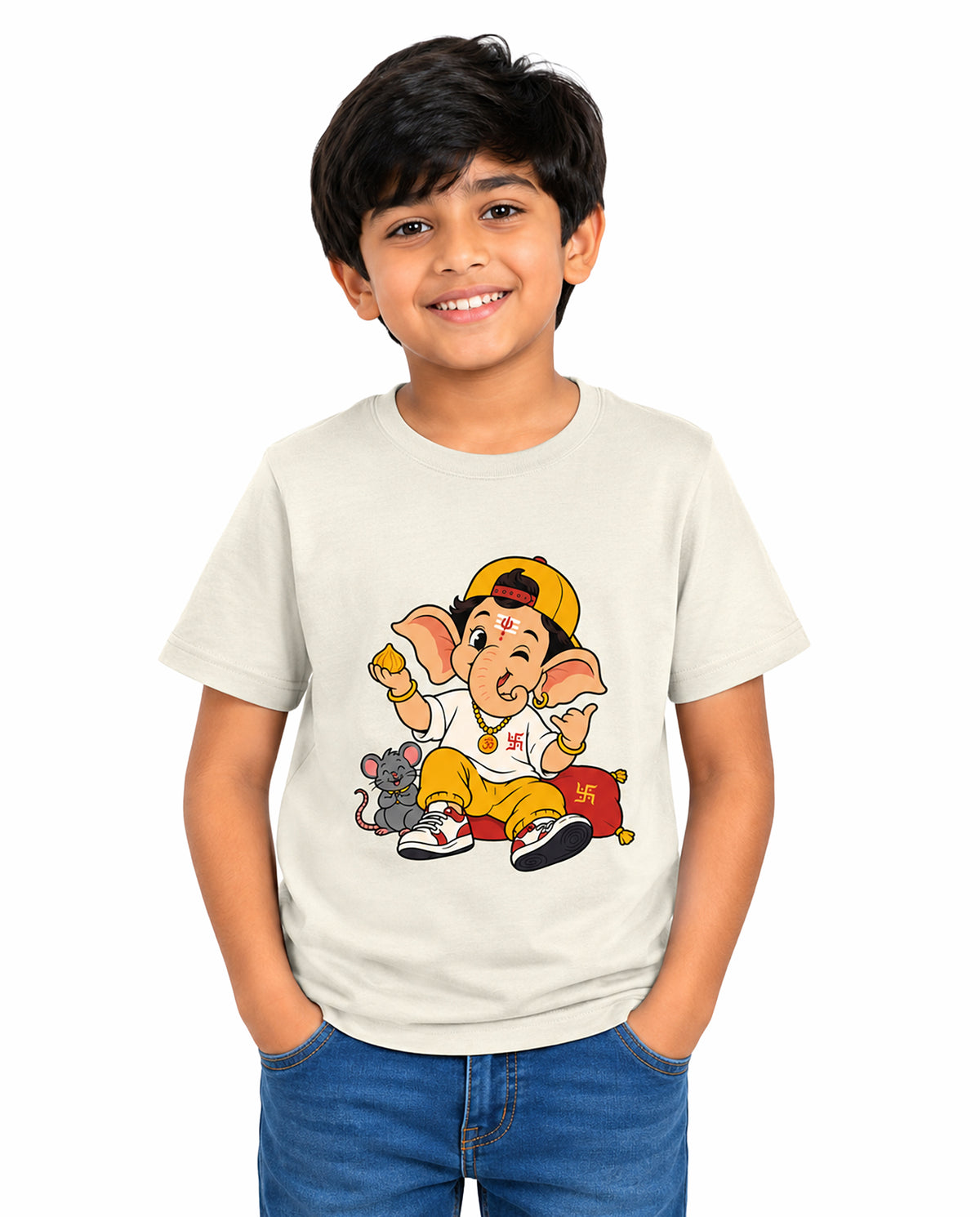 Front view of boy wearing PLAYFUL GANESHA - Boys Regular Fit T-Shirt in off-white in a studio setting.