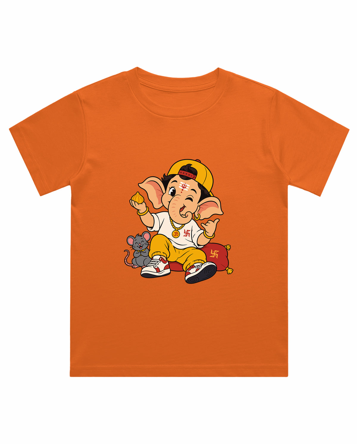 Front view of PLAYFUL GANESHA - Boys Regular Fit T-Shirt in orange.