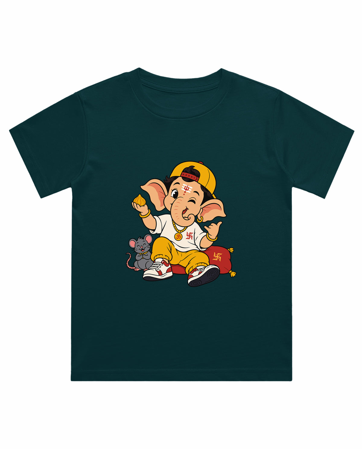 Front view of PLAYFUL GANESHA - Boys Regular Fit T-Shirt in petrol blue.
