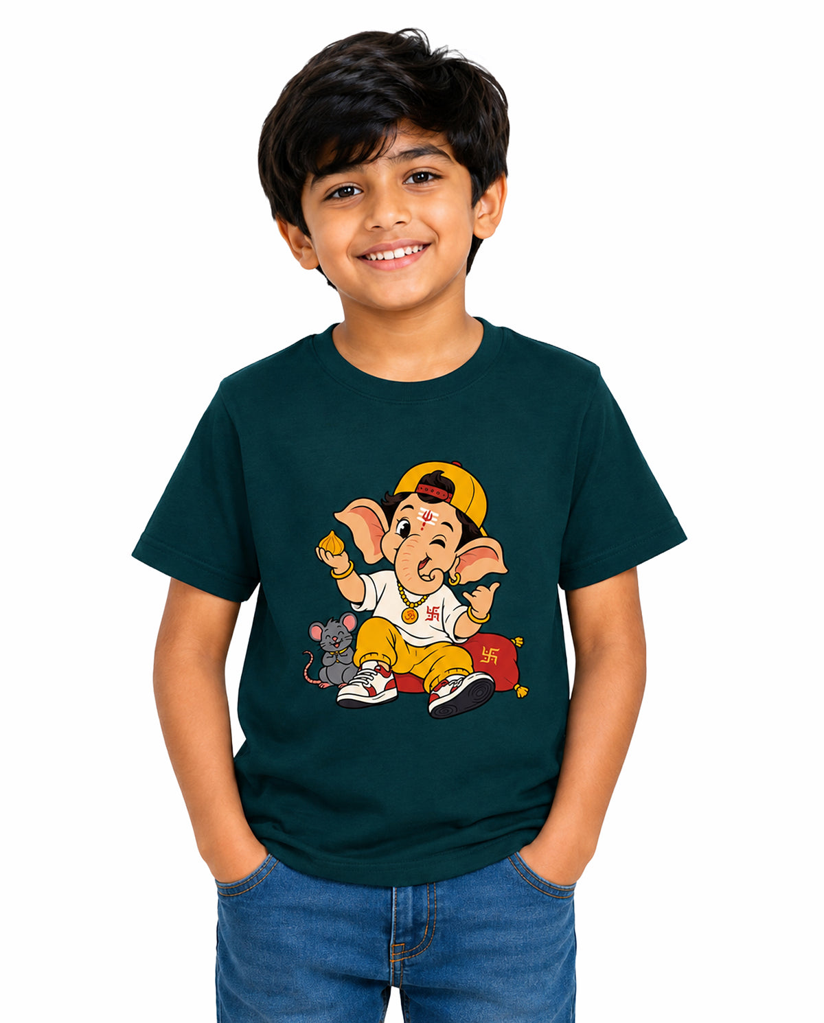 Front view of boy wearing PLAYFUL GANESHA - Boys Regular Fit T-Shirt in petrol blue in a studio setting.