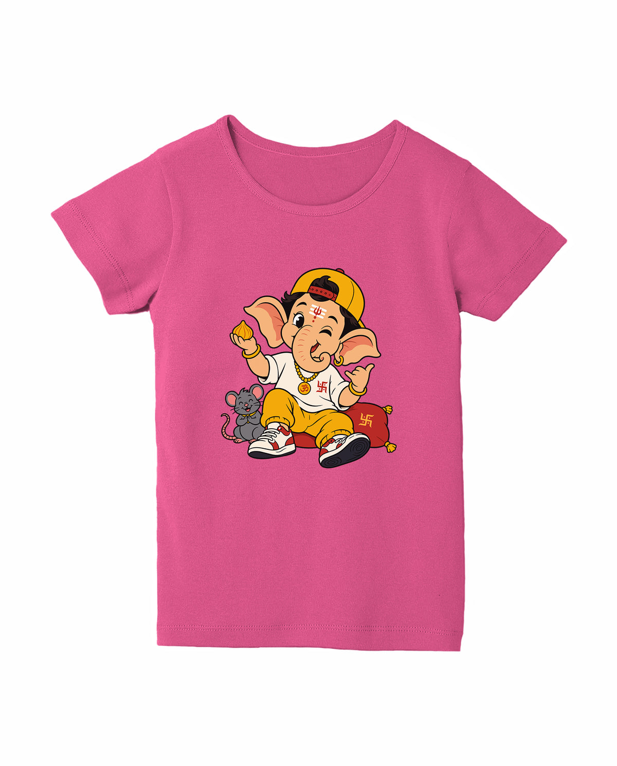 Front view of PLAYFUL GANESHA - Girls Regular Fit T-Shirt in pink.