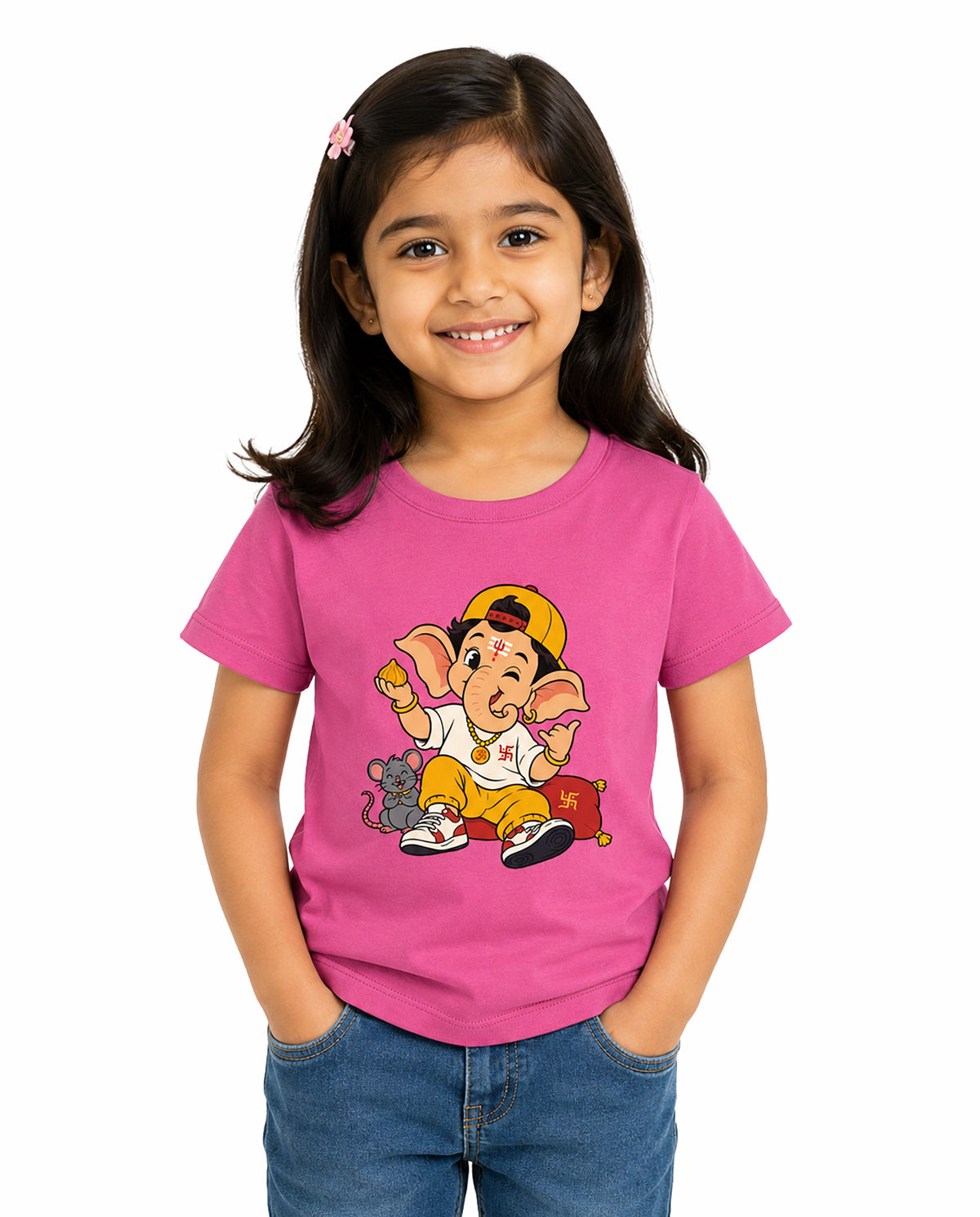 Front view of girl wearing PLAYFUL GANESHA - Girls Regular Fit T-Shirt in pink in a studio setting.