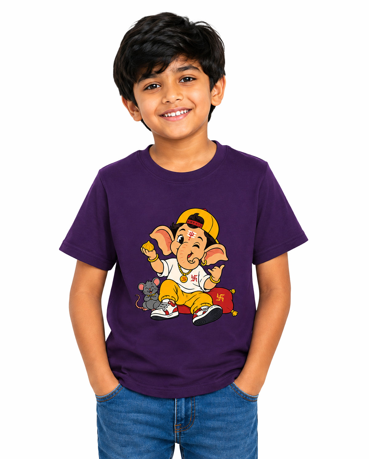 Front view of boy wearing PLAYFUL GANESHA - Boys Regular Fit T-Shirt in purple in a studio setting.