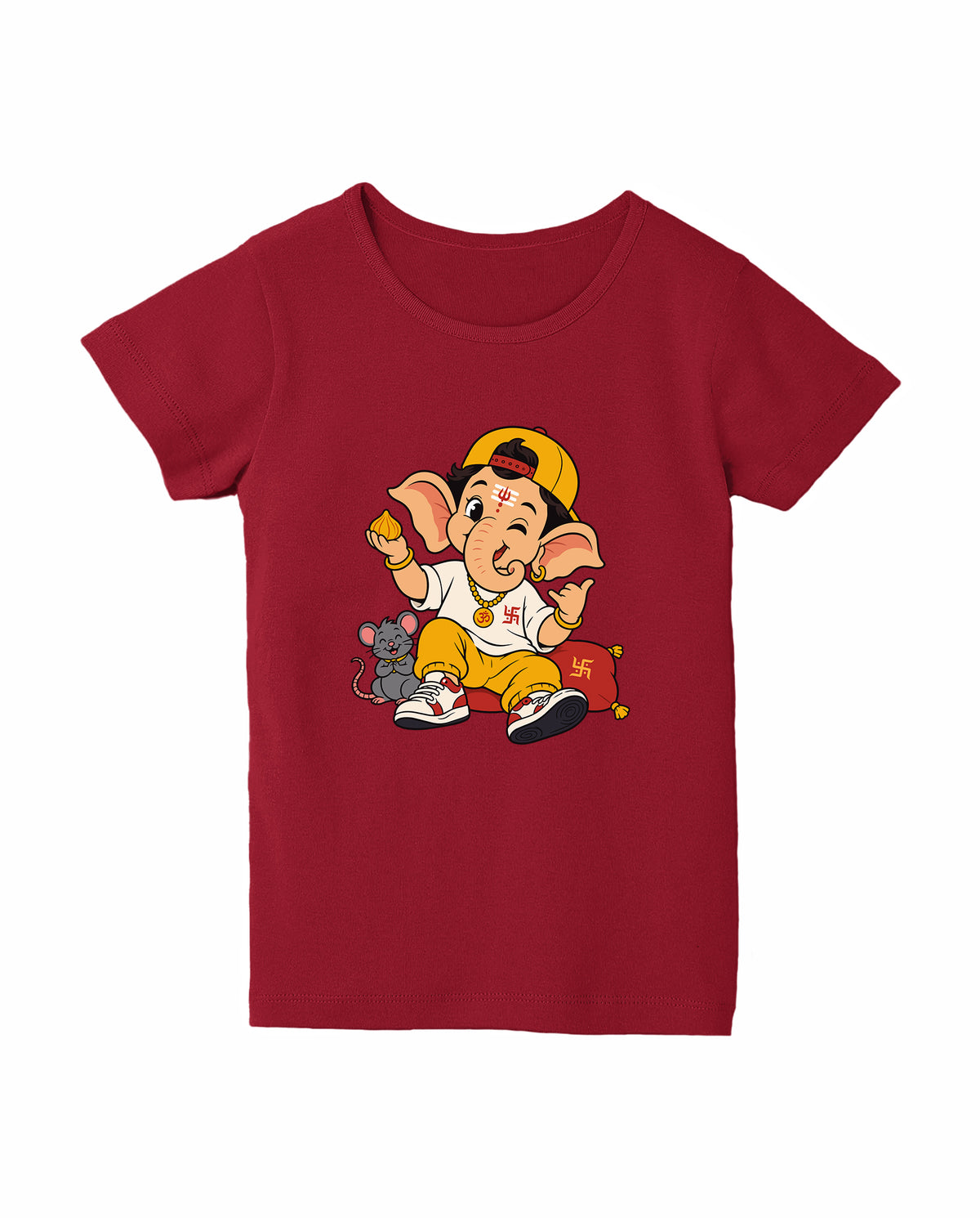 Front view of PLAYFUL GANESHA - Girls Regular Fit T-Shirt in red.
