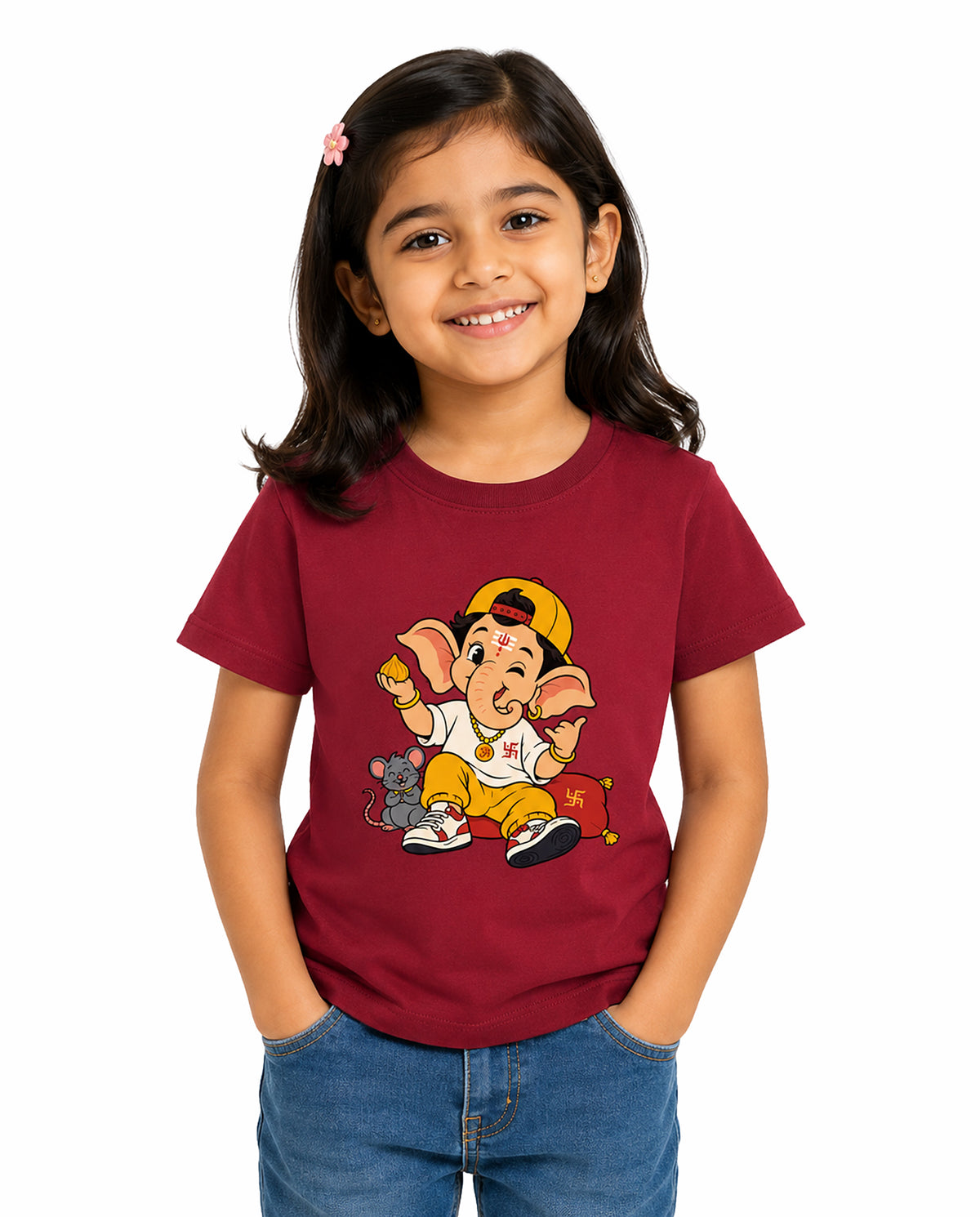 Front view of girl wearing PLAYFUL GANESHA - Girls Regular Fit T-Shirt in red in a studio setting.