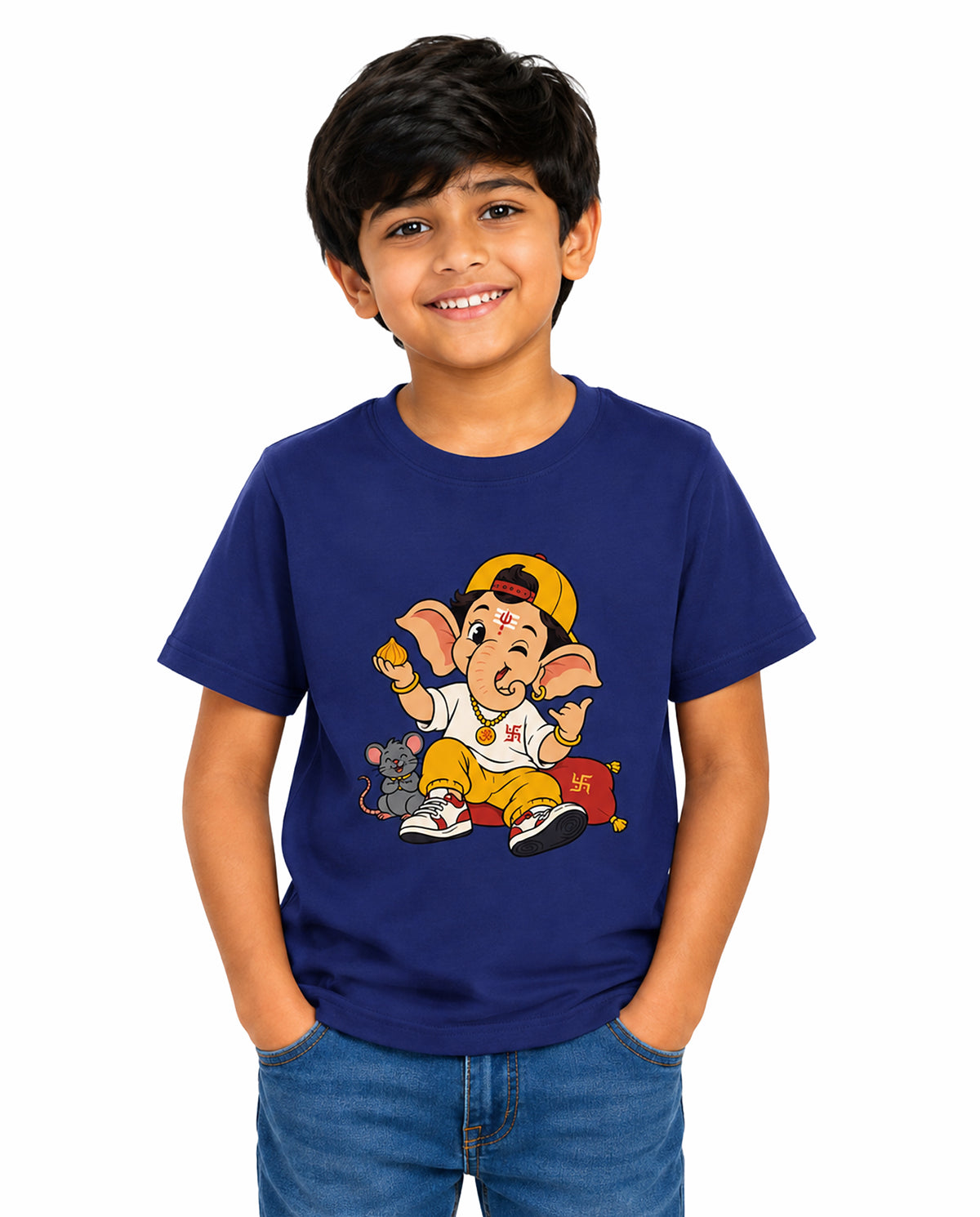 Front view of boy wearing PLAYFUL GANESHA - Boys Regular Fit T-Shirt in royal blue in a studio setting.