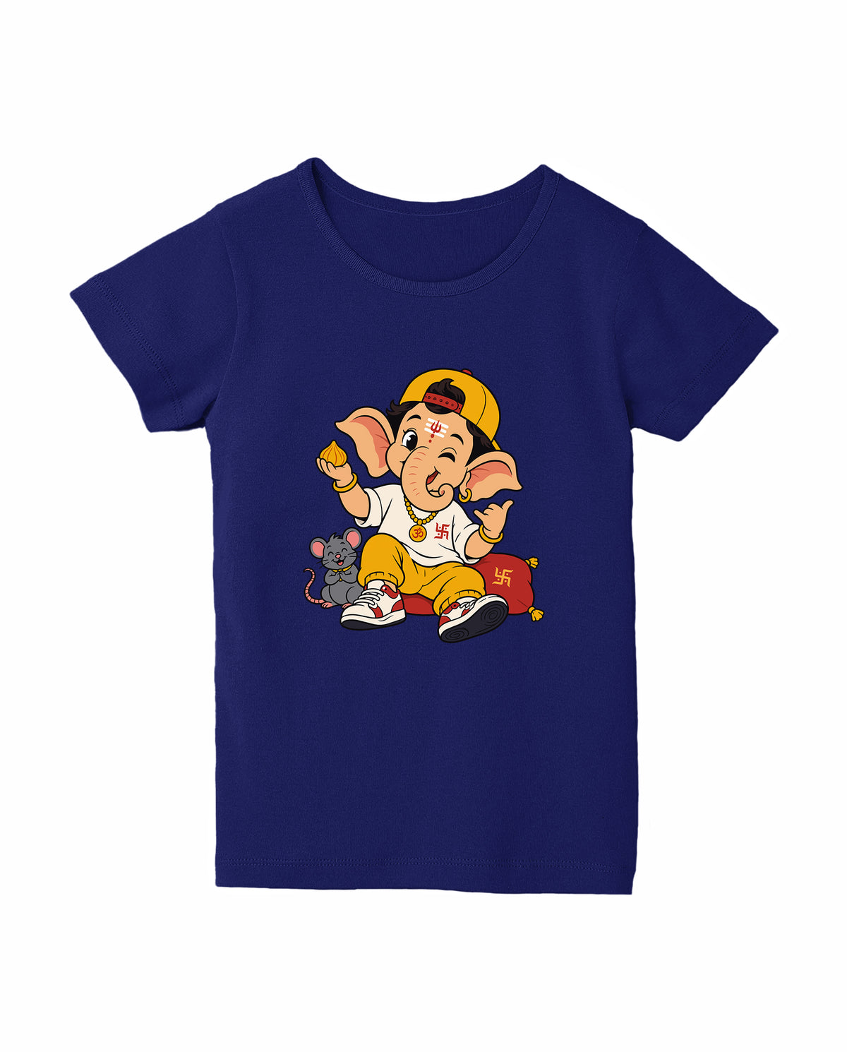 Front view of PLAYFUL GANESHA - Girls Regular Fit T-Shirt in royal blue.