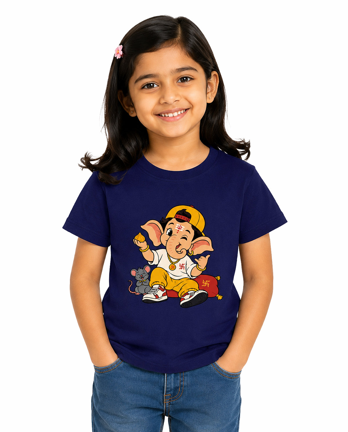 Front view of girl wearing PLAYFUL GANESHA - Girls Regular Fit T-Shirt in royal blue in a studio setting.