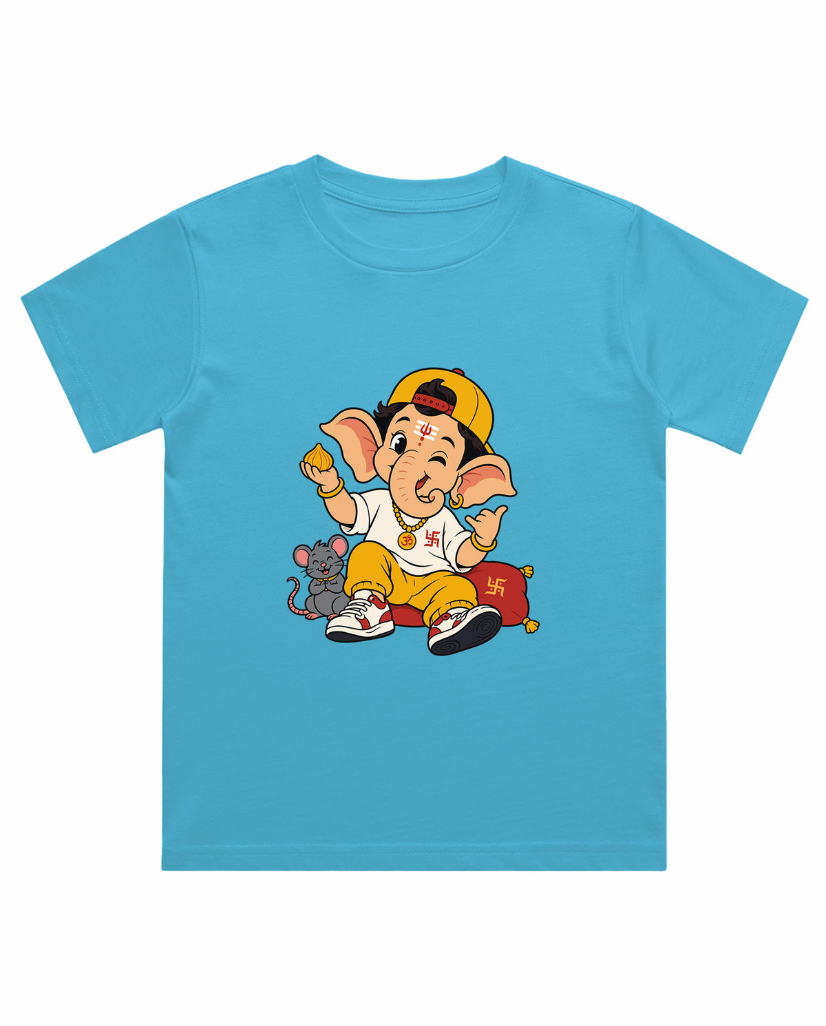 Front view of PLAYFUL GANESHA - Boys Regular Fit T-Shirt in sky blue.