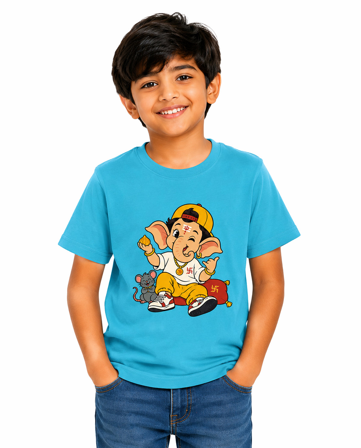 Front view of boy wearing PLAYFUL GANESHA - Boys Regular Fit T-Shirt in sky blue in a studio setting.