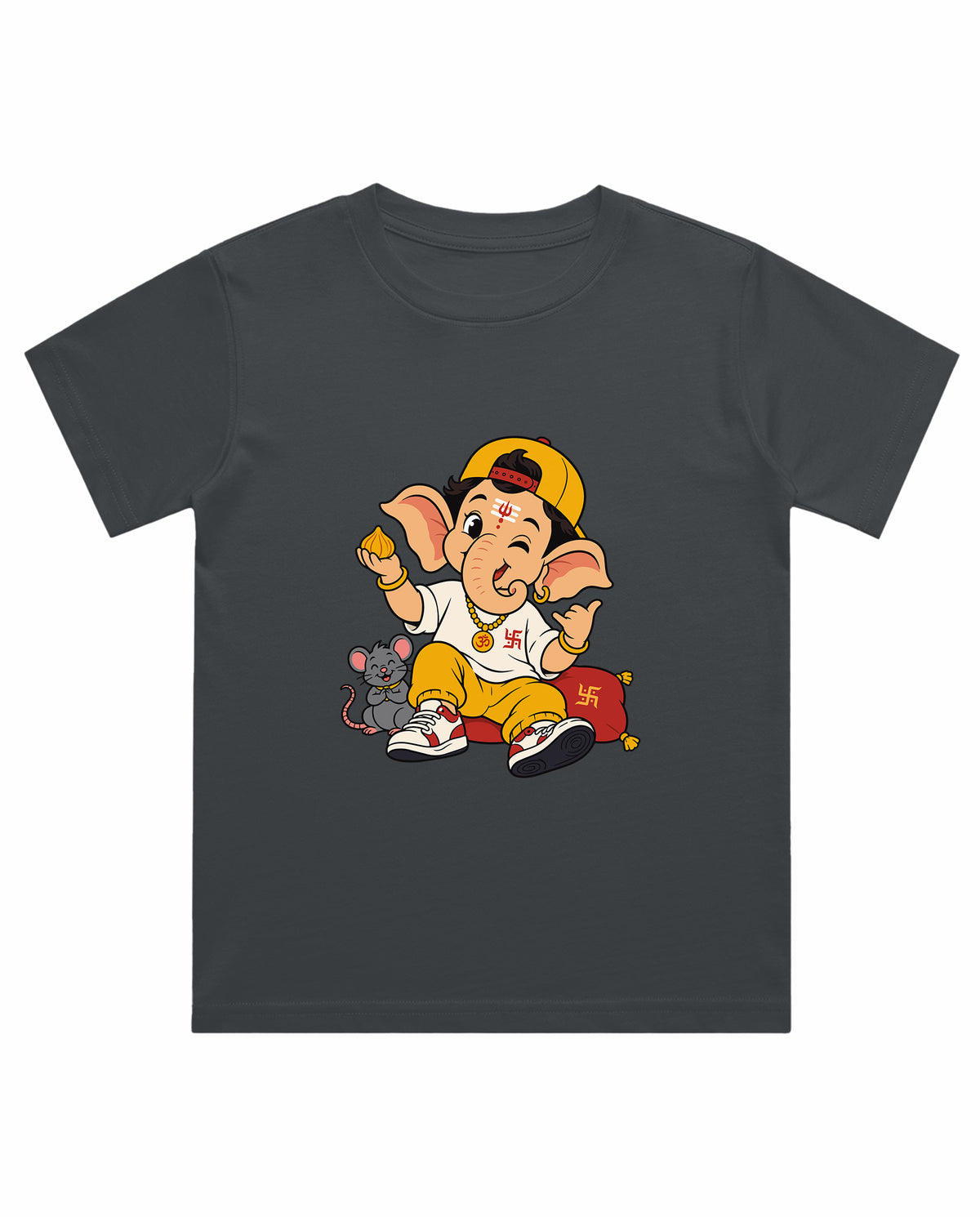 Front view of PLAYFUL GANESHA - Boys Regular Fit T-Shirt in steel grey.