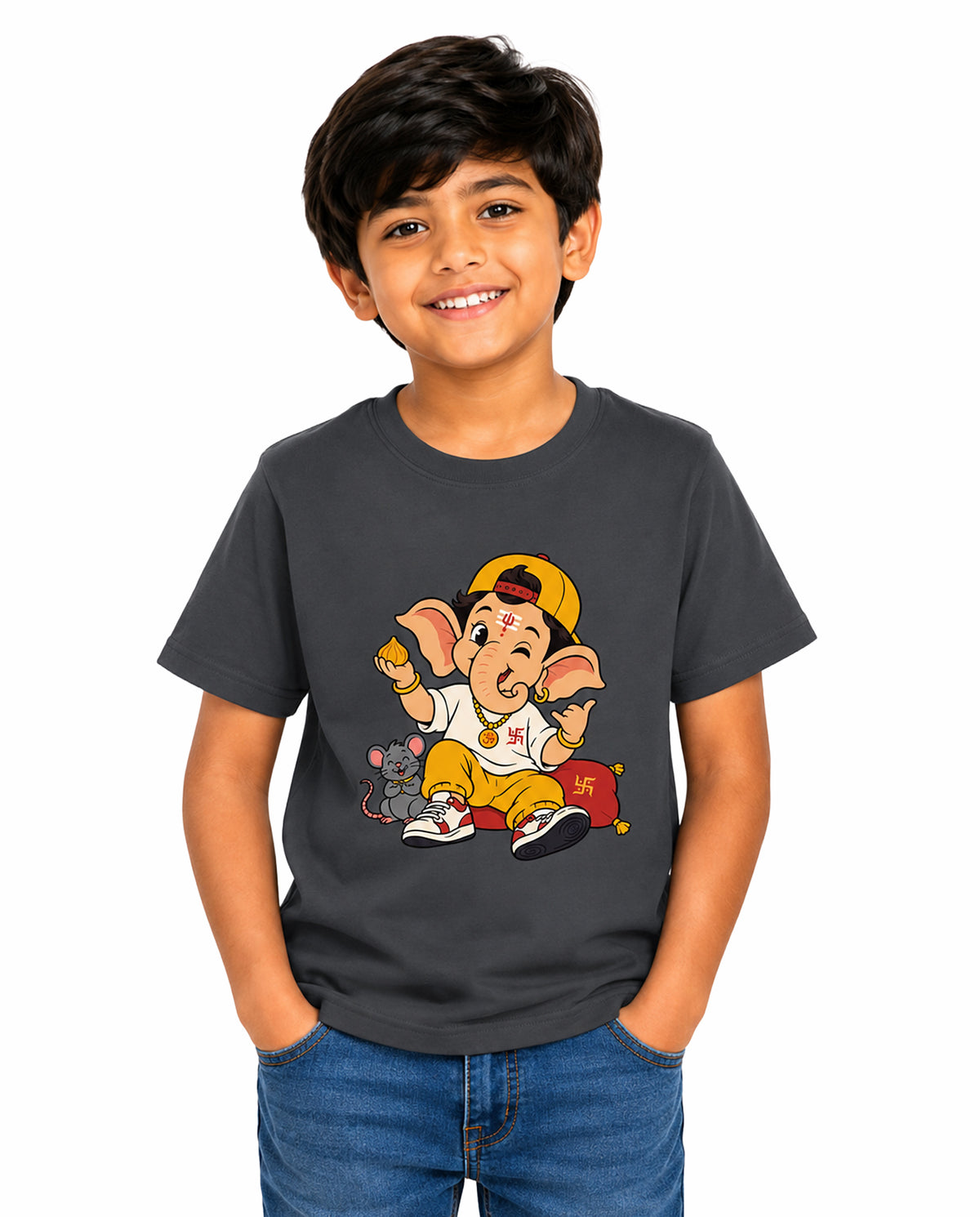Front view of boy wearing PLAYFUL GANESHA - Boys Regular Fit T-Shirt in steel grey in a studio setting.