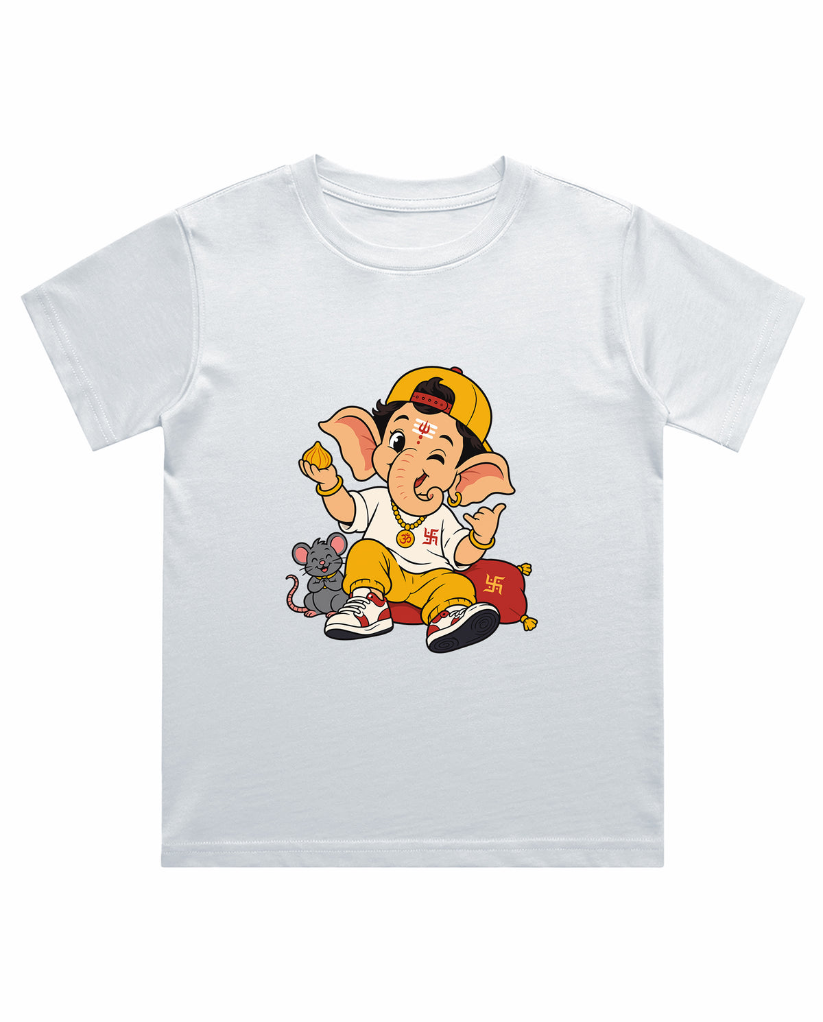 Front view of PLAYFUL GANESHA - Boys Regular Fit T-Shirt in white.