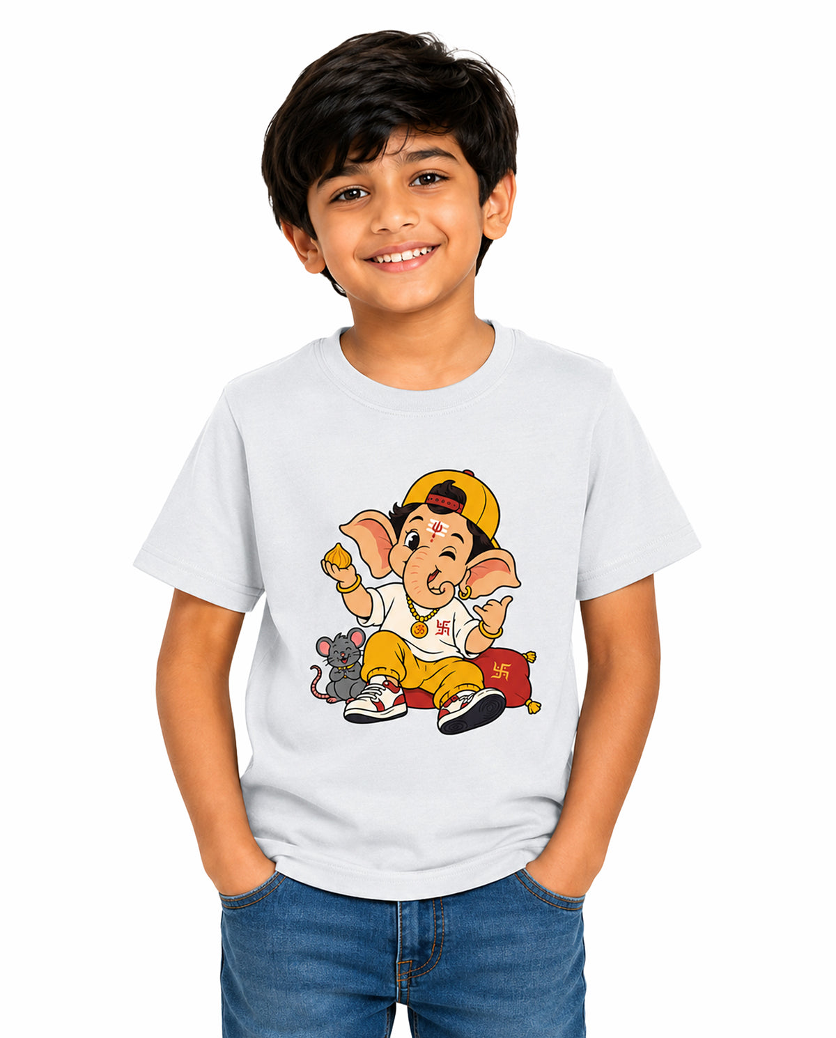 Front view of boy wearing PLAYFUL GANESHA - Boys Regular Fit T-Shirt in white in a studio setting.