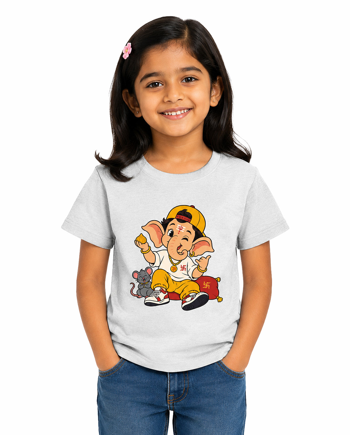 Front view of girl wearing PLAYFUL GANESHA - Girls Regular Fit T-Shirt in white in a studio setting.