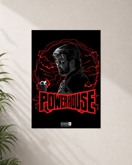 POWERHOUSE Superstar poster featuring Thalaivar inspired powerful cinematic artwork for A4 and A3 wall display.