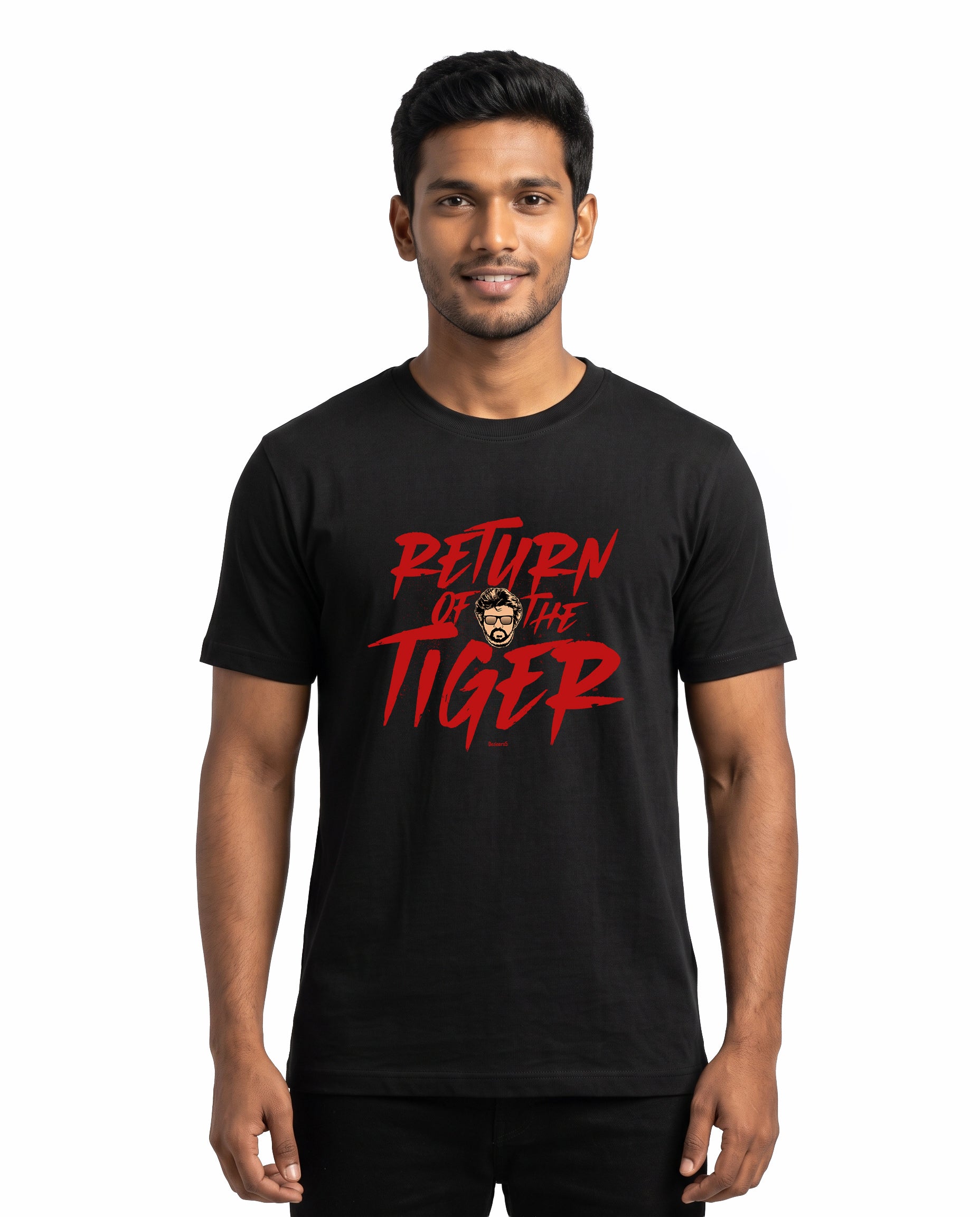 Man wearing RETURN OF THE TIGER superstar inspired typography men's regular-fit t-shirt in black.