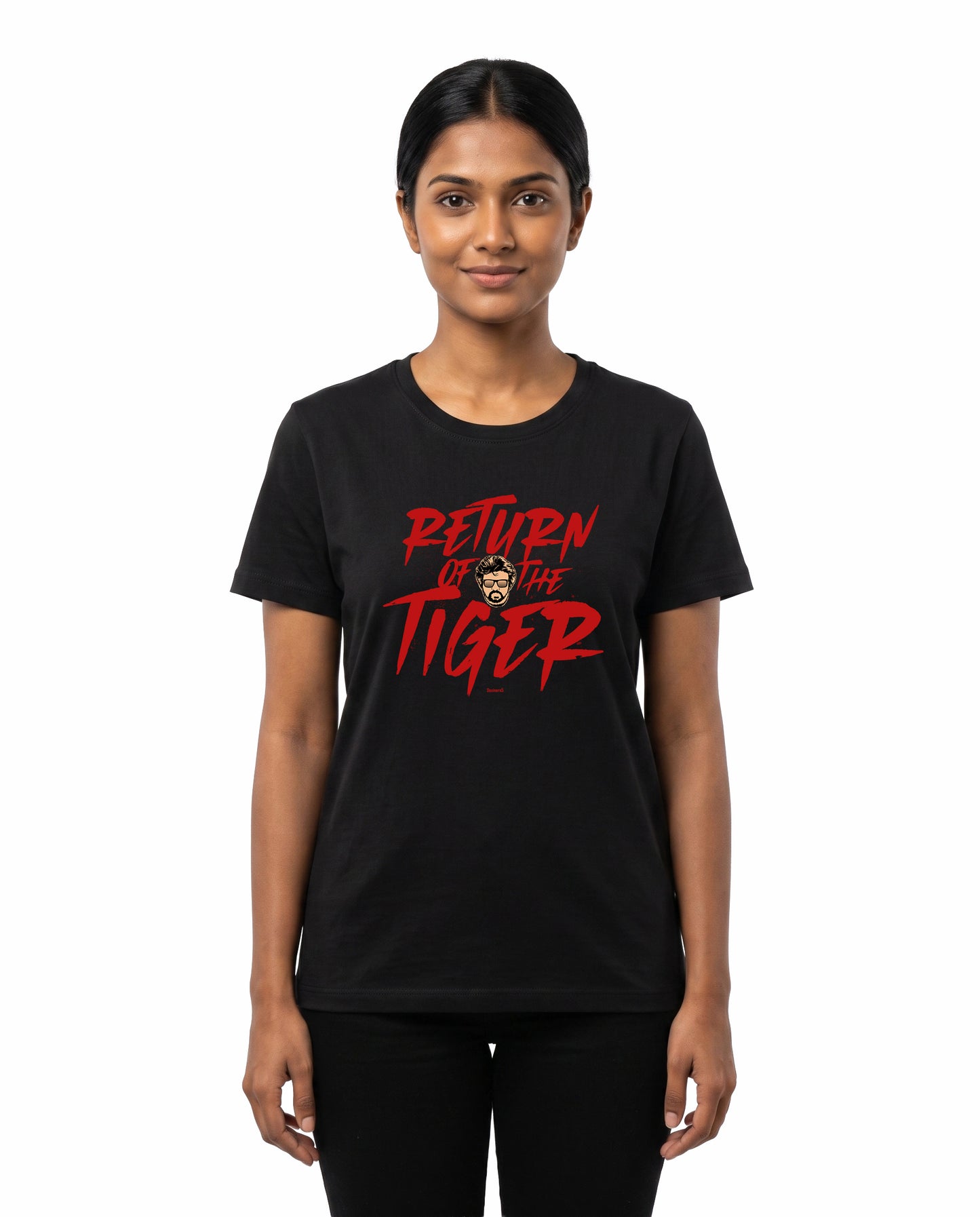 Woman wearing RETURN OF THE TIGER superstar inspired typography women's regular-fit t-shirt in black.