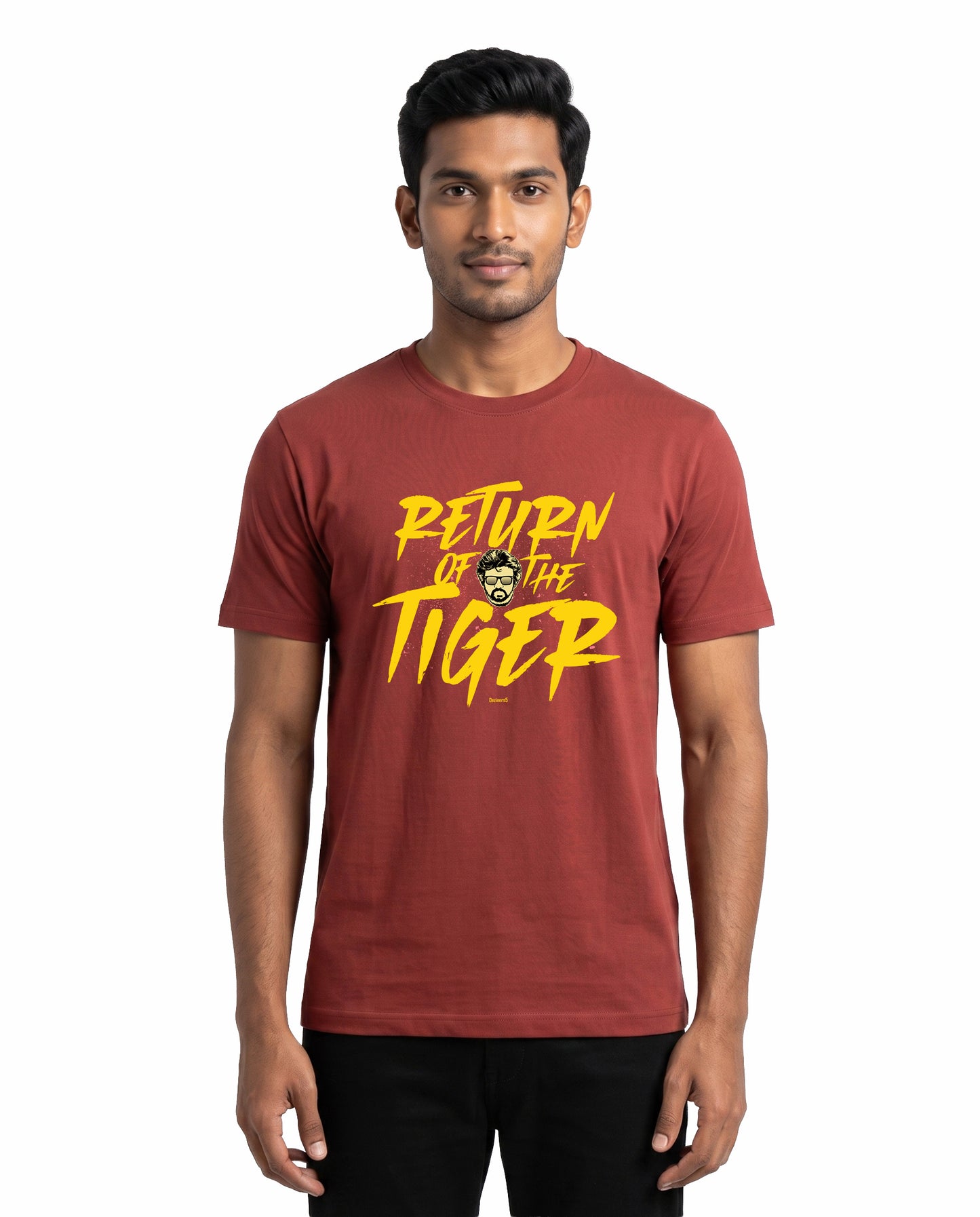 Man wearing RETURN OF THE TIGER superstar inspired typography men's regular-fit t-shirt in coral.
