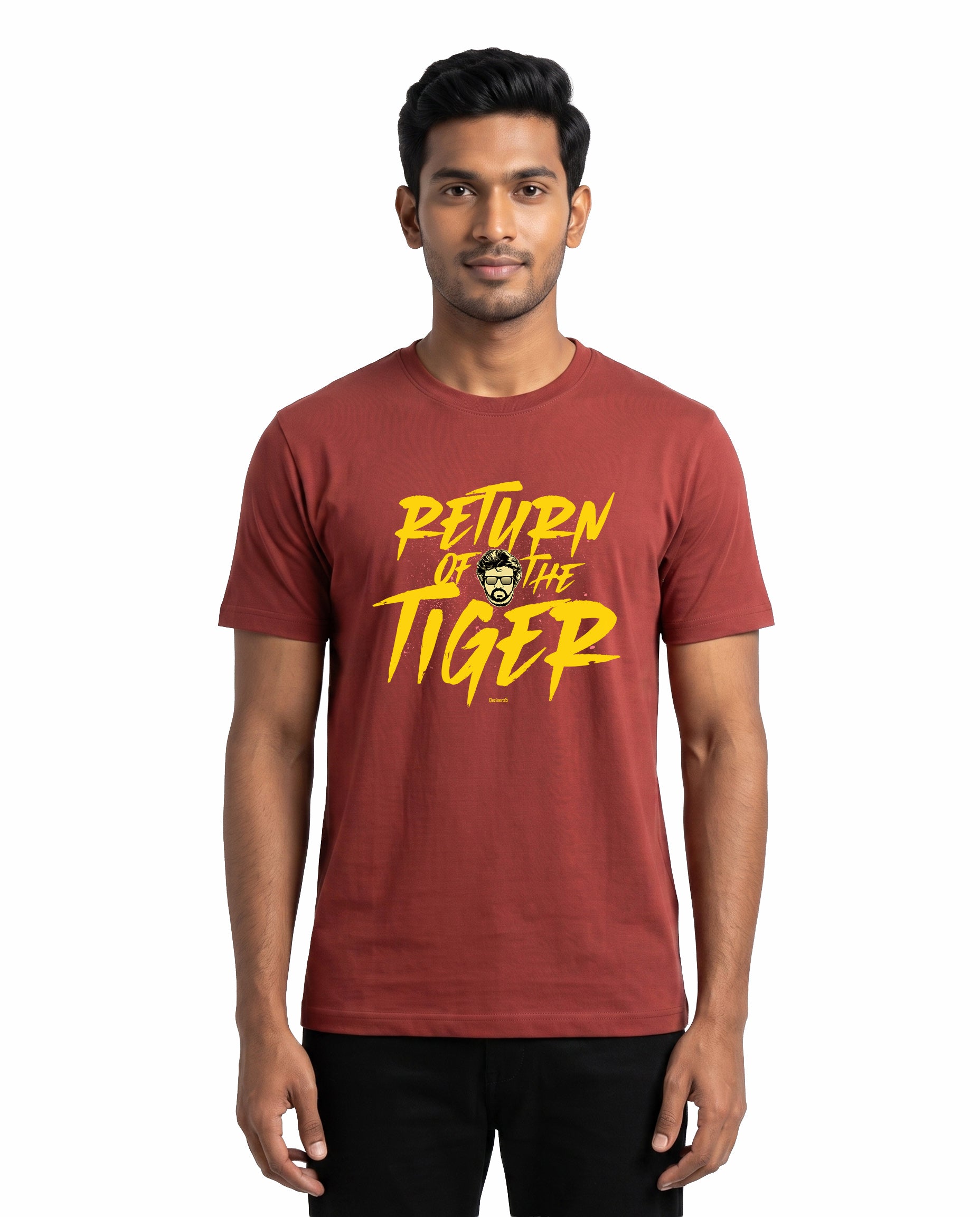 Man wearing RETURN OF THE TIGER superstar inspired typography men's regular-fit t-shirt in coral.