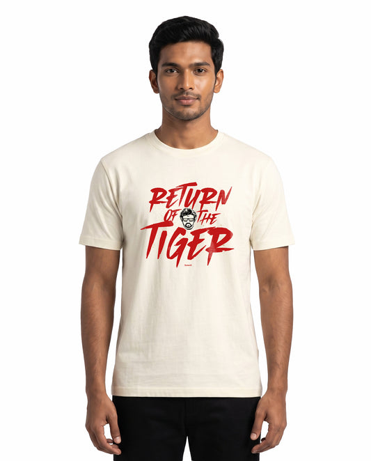 Man wearing RETURN OF THE TIGER superstar inspired typography men's regular-fit t-shirt in off-white.