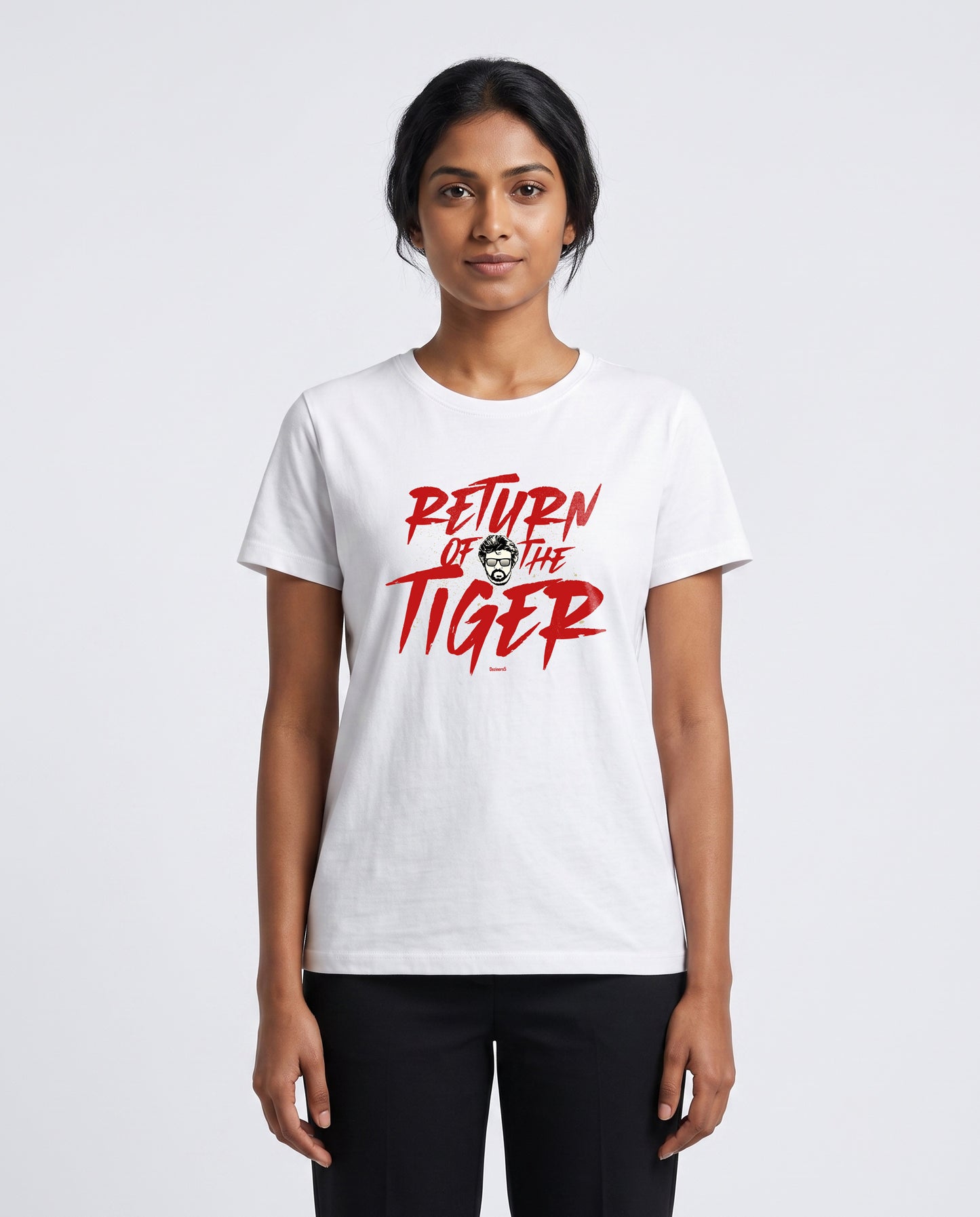 Woman wearing RETURN OF THE TIGER superstar inspired typography women's regular-fit t-shirt in white.