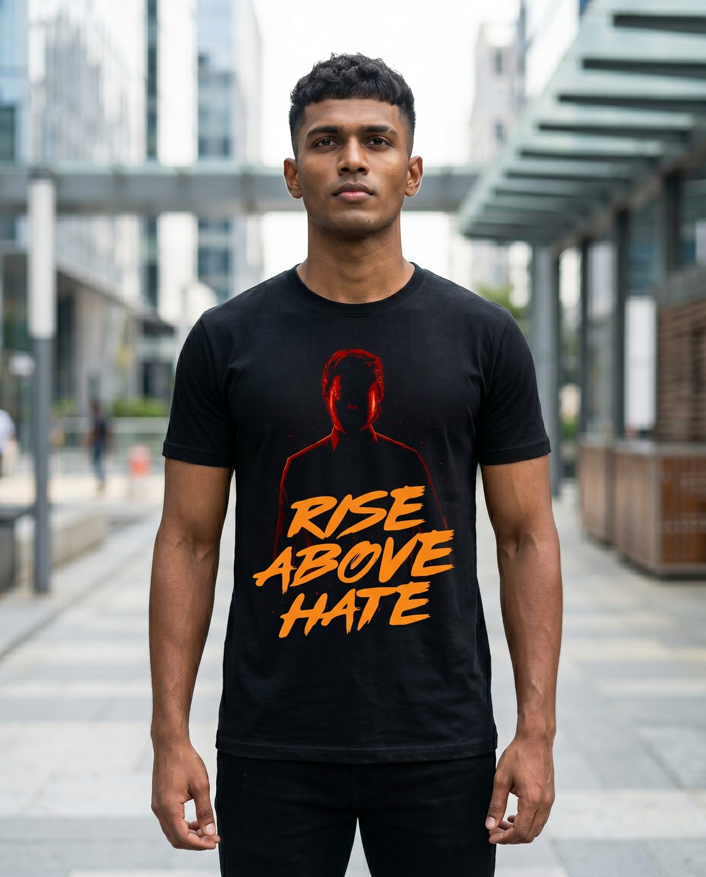 Young South Indian male wearing the RISE ABOVE HATE black men's regular-fit t-shirt in a modern Chennai urban setting.