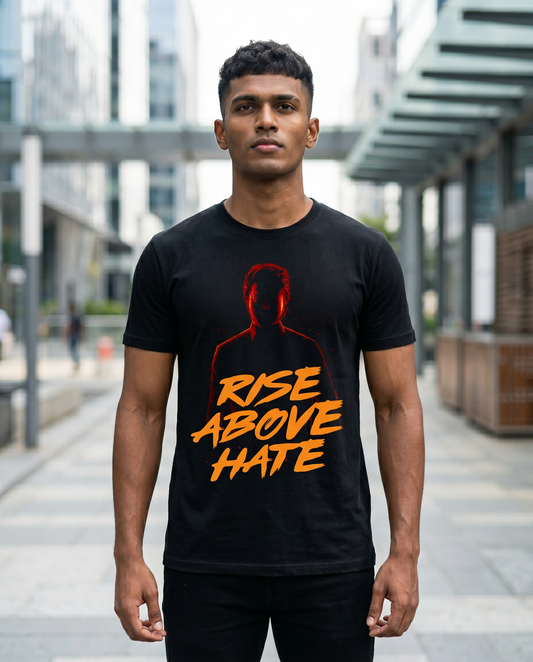 Young South Indian male wearing the RISE ABOVE HATE black men's regular-fit t-shirt in a modern Chennai urban setting.