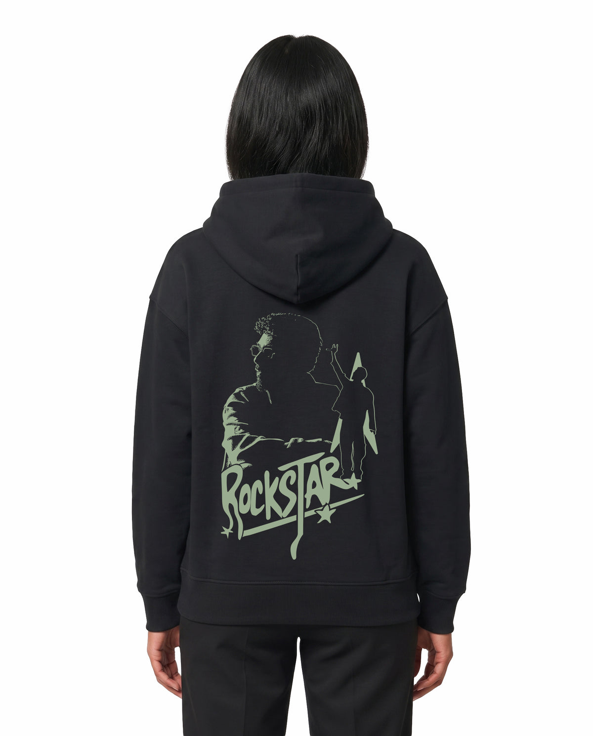 Back view of female model wearing ROCKSTAR - Unisex Regular Fit Hoodie in black in a studio setting.