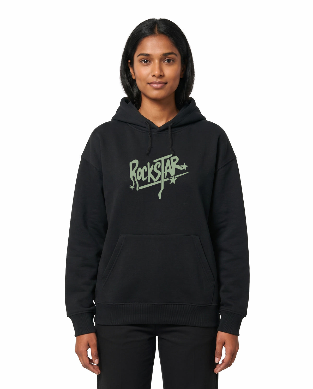 Front view of female model wearing ROCKSTAR - Unisex Regular Fit Hoodie in black in a studio setting.