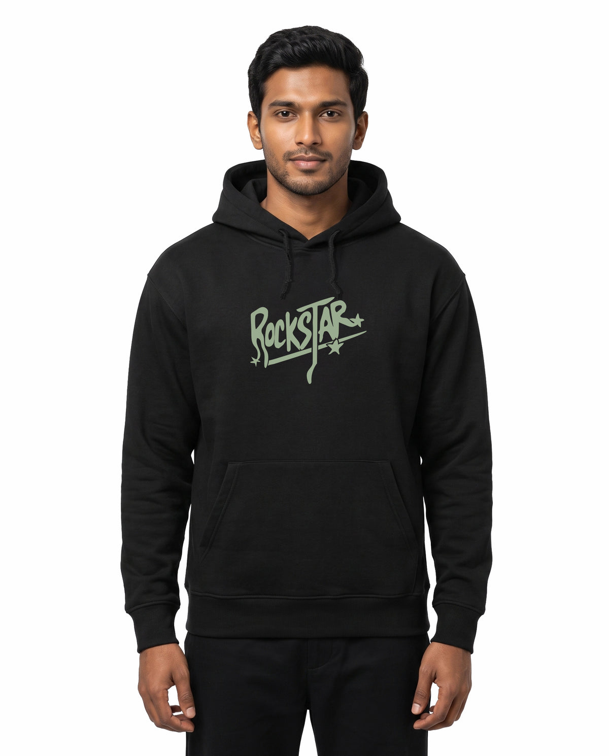 Front view of male model wearing ROCKSTAR - Unisex Regular Fit Hoodie in black in a studio setting.