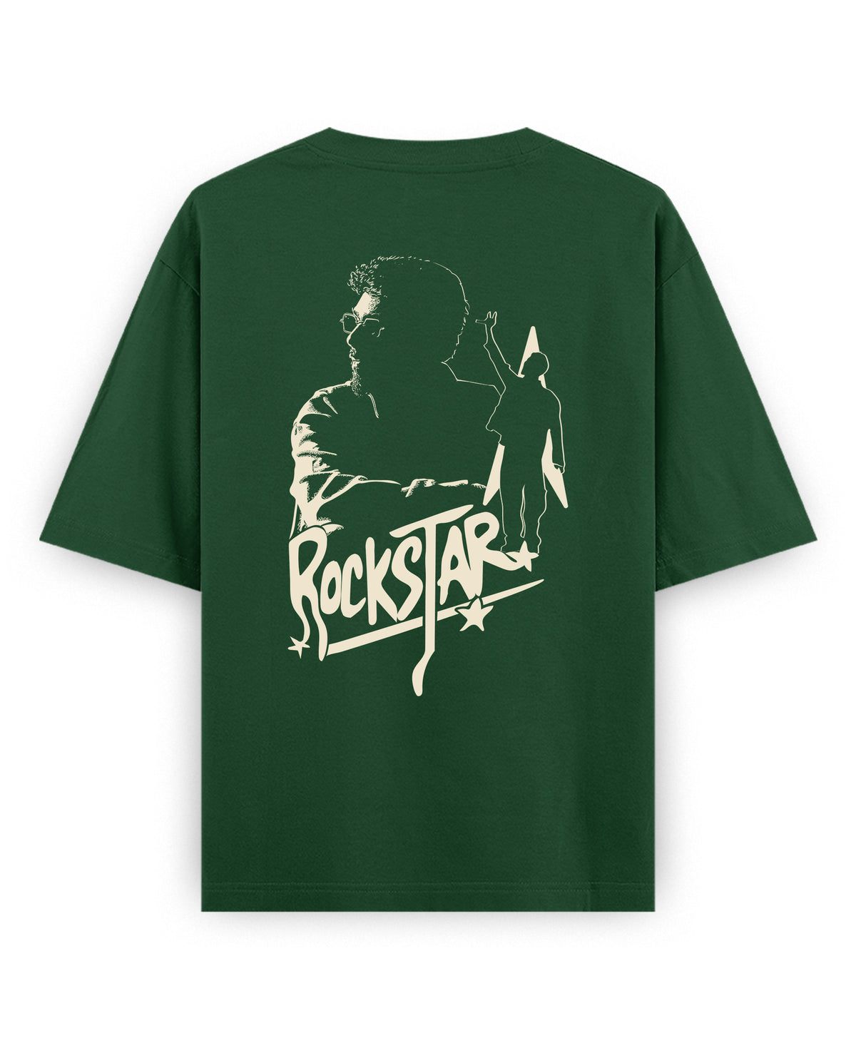 Back view of ROCKSTAR - Unisex Oversized Graphic T-Shirt in bottle green.