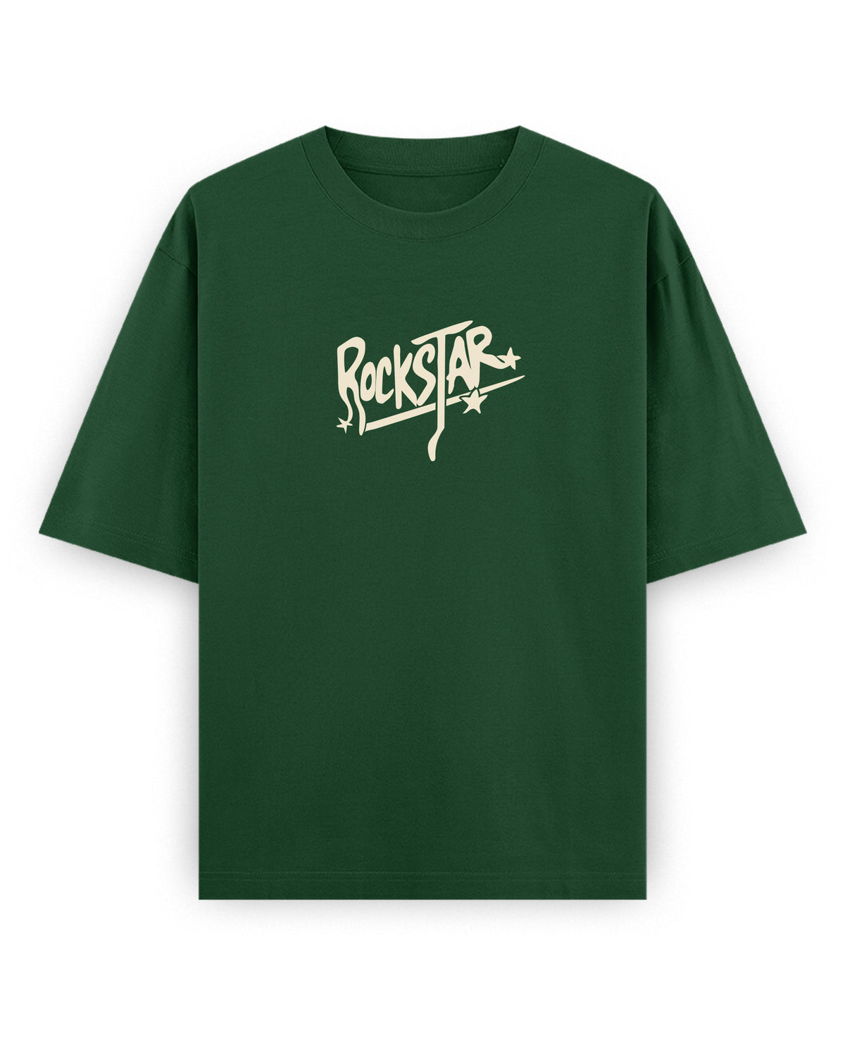 Front view of ROCKSTAR - Unisex Oversized Graphic T-Shirt in bottle green.