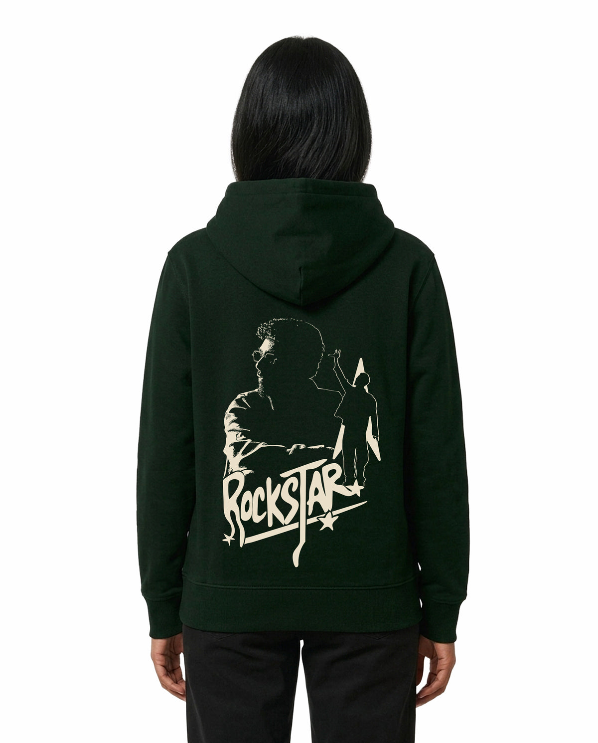 Back view of female model wearing ROCKSTAR - Unisex Regular Fit Hoodie in bottle green in a studio setting.