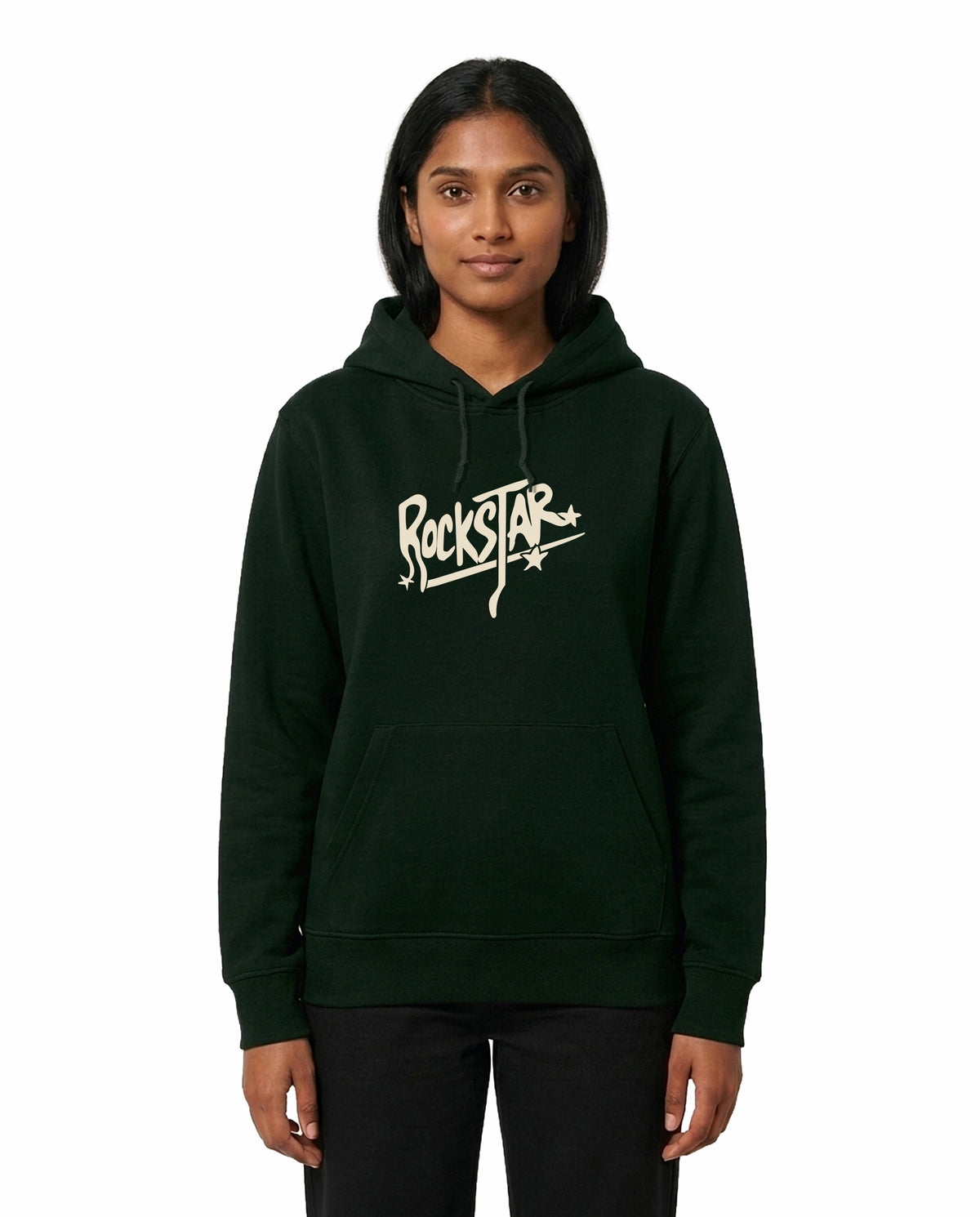 Front view of female model wearing ROCKSTAR - Unisex Regular Fit Hoodie in bottle green in a studio setting.