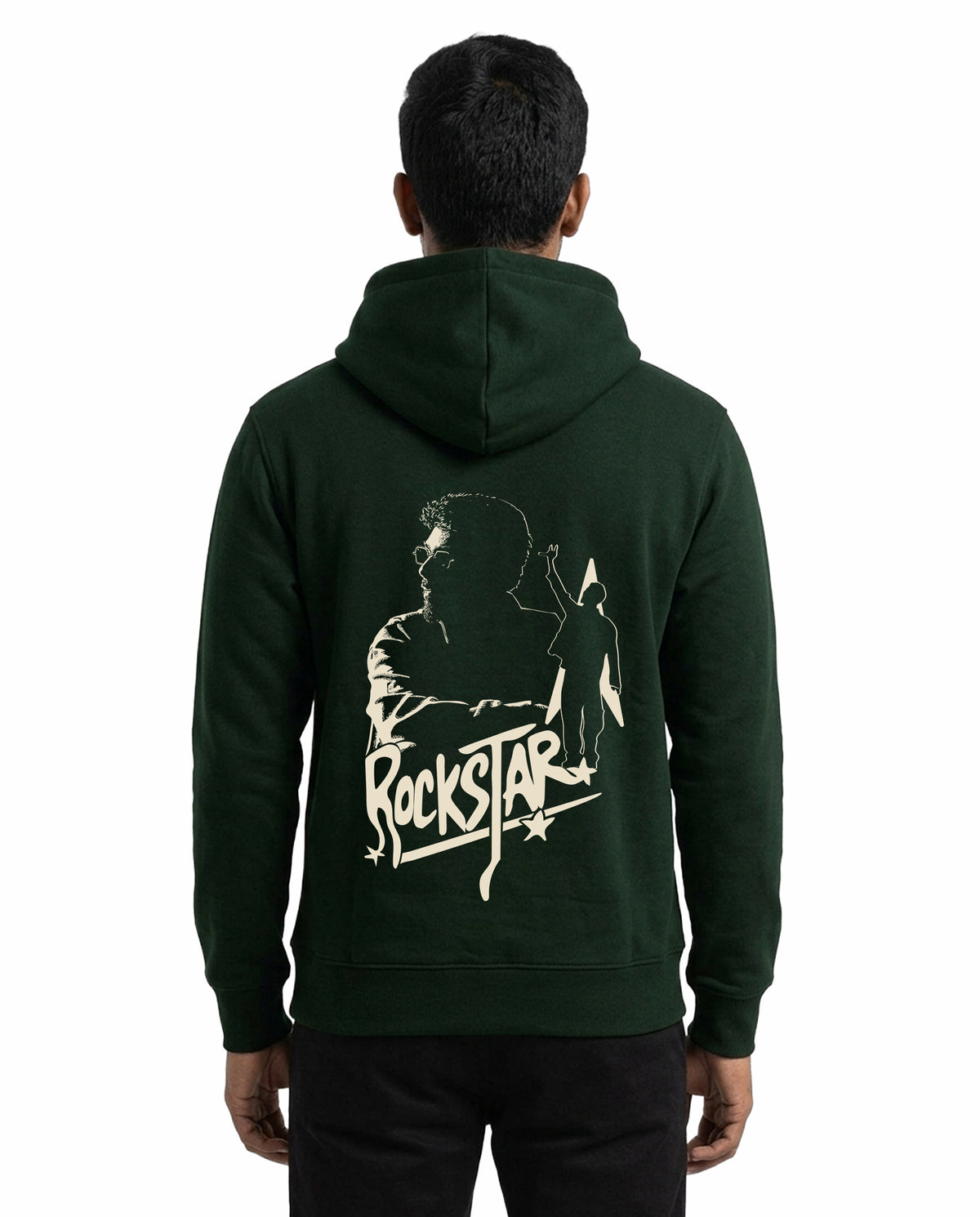 Back view of male model wearing ROCKSTAR - Unisex Regular Fit Hoodie in bottle green in a studio setting.