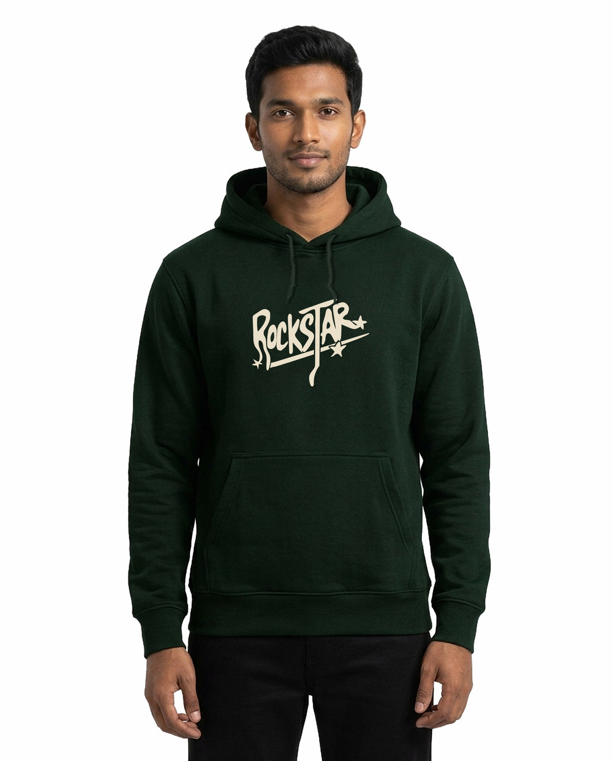 Front view of male model wearing ROCKSTAR - Unisex Regular Fit Hoodie in bottle green in a studio setting.