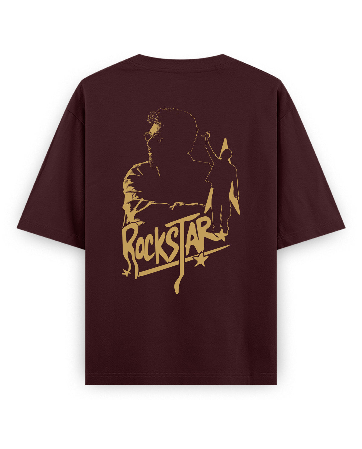 Back view of ROCKSTAR - Unisex Oversized Graphic T-Shirt in maroon.