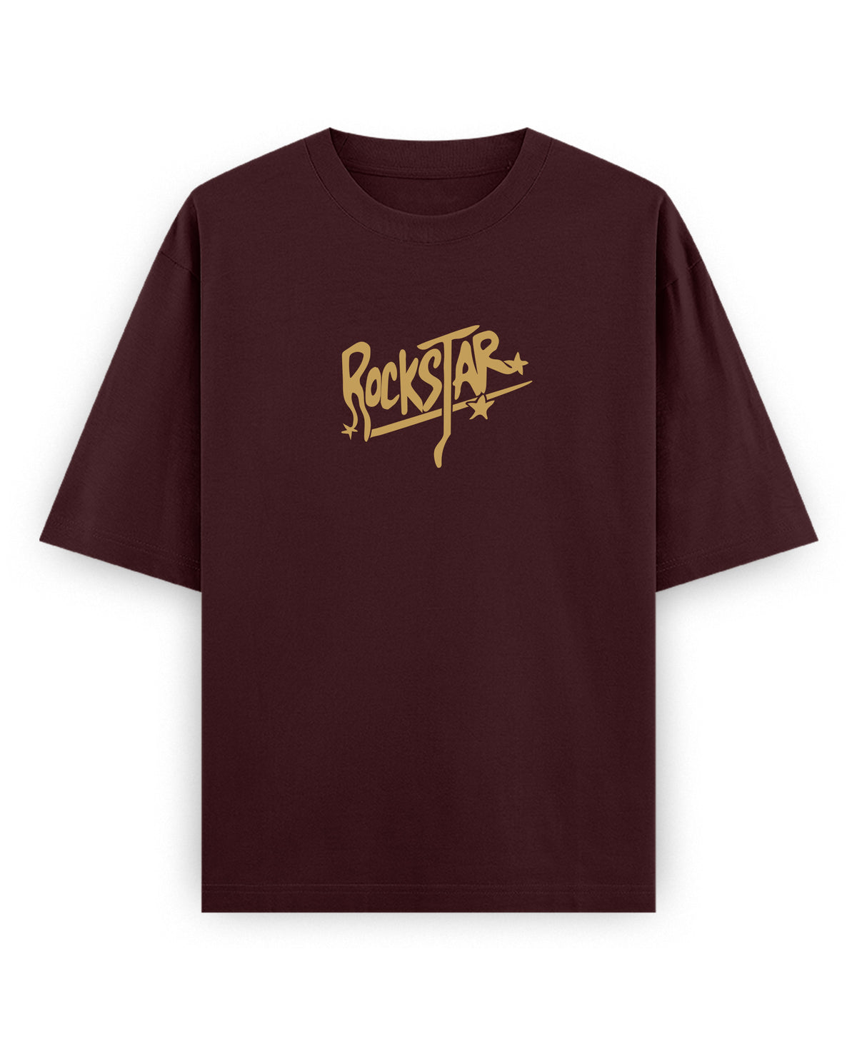 Front view of ROCKSTAR - Unisex Oversized Graphic T-Shirt in maroon.