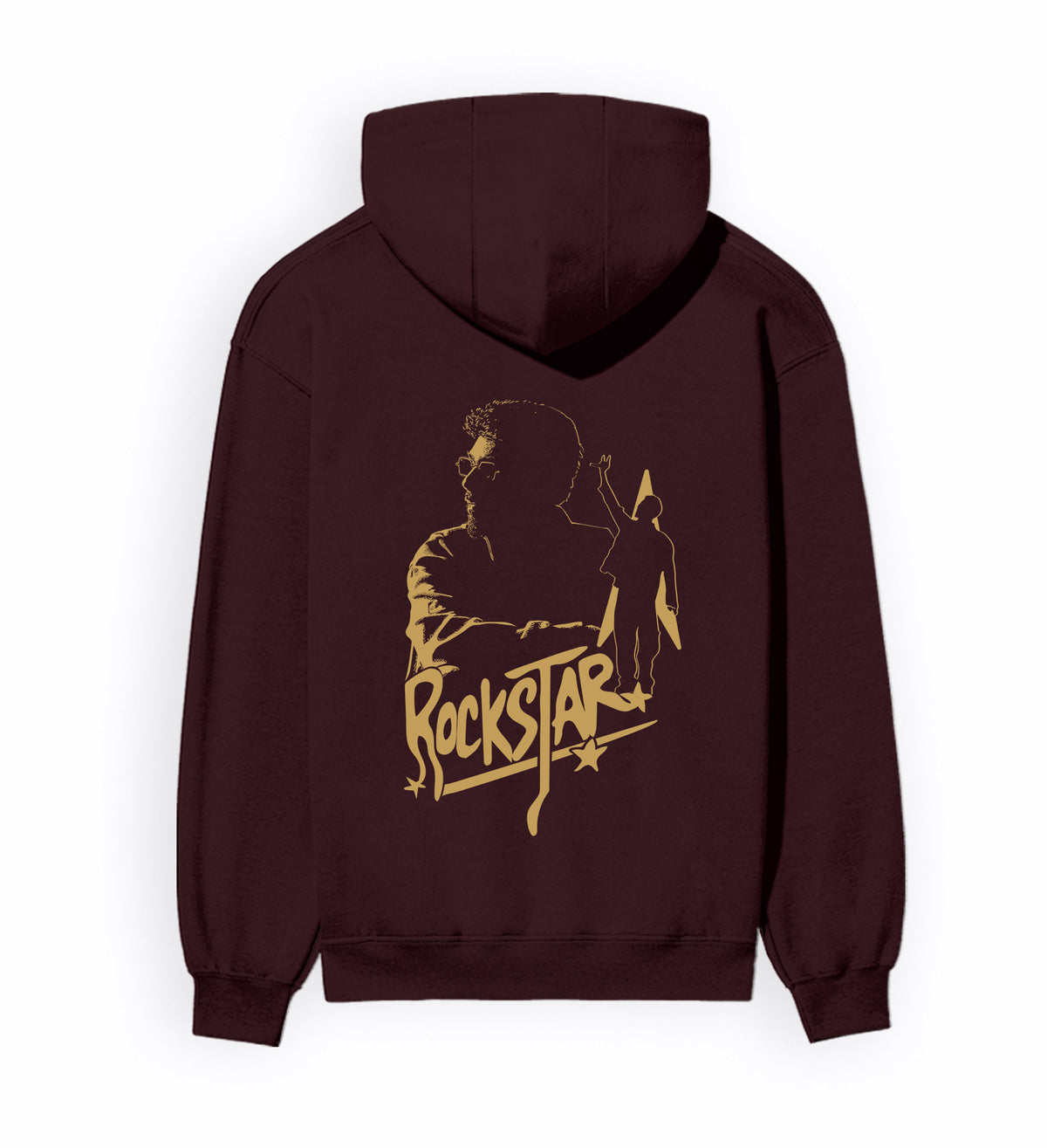 Back view of male model wearing ROCKSTAR - Unisex Regular Fit Hoodie in maroon.