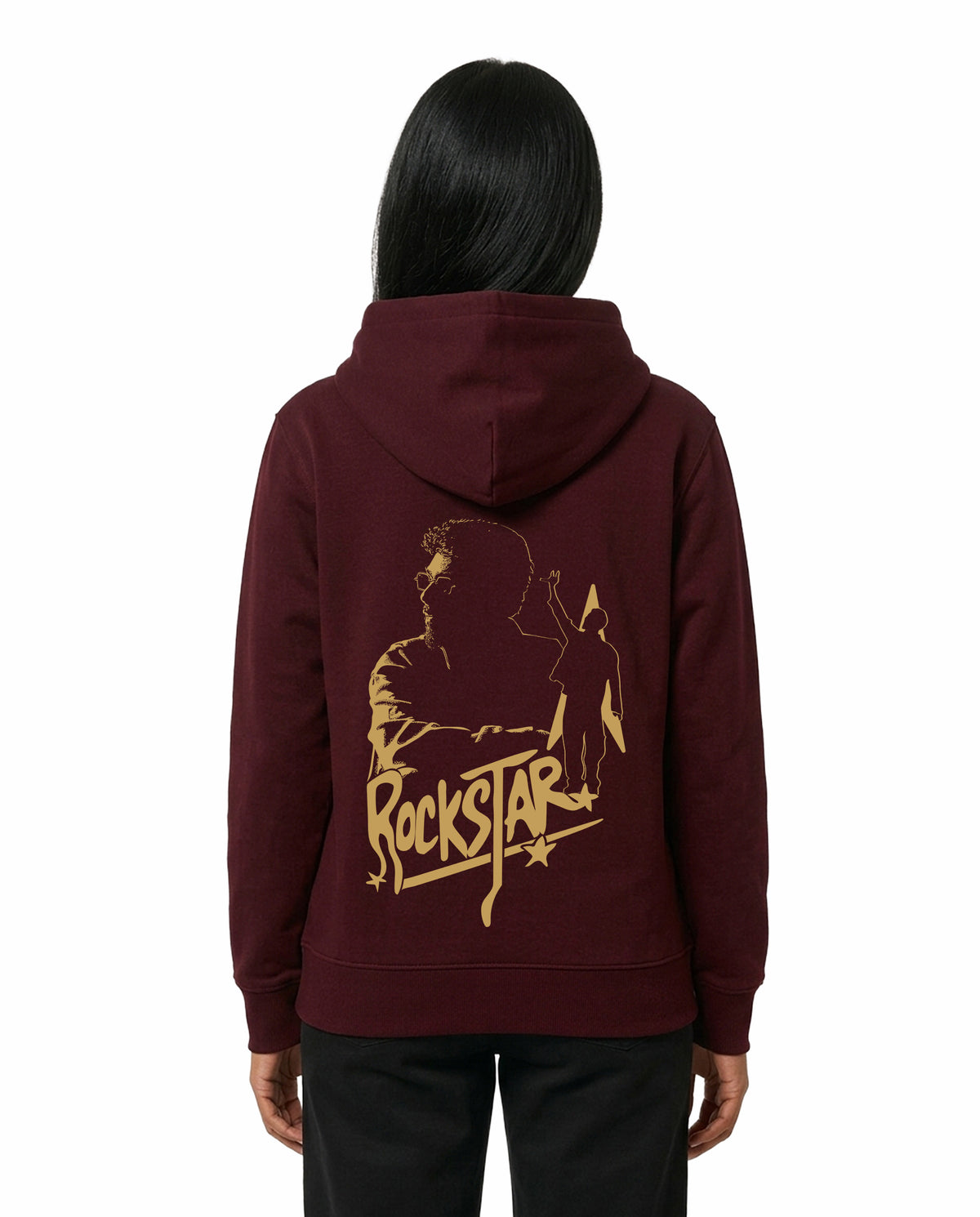 Back view of female model wearing ROCKSTAR - Unisex Regular Fit Hoodie in maroon in a studio setting.