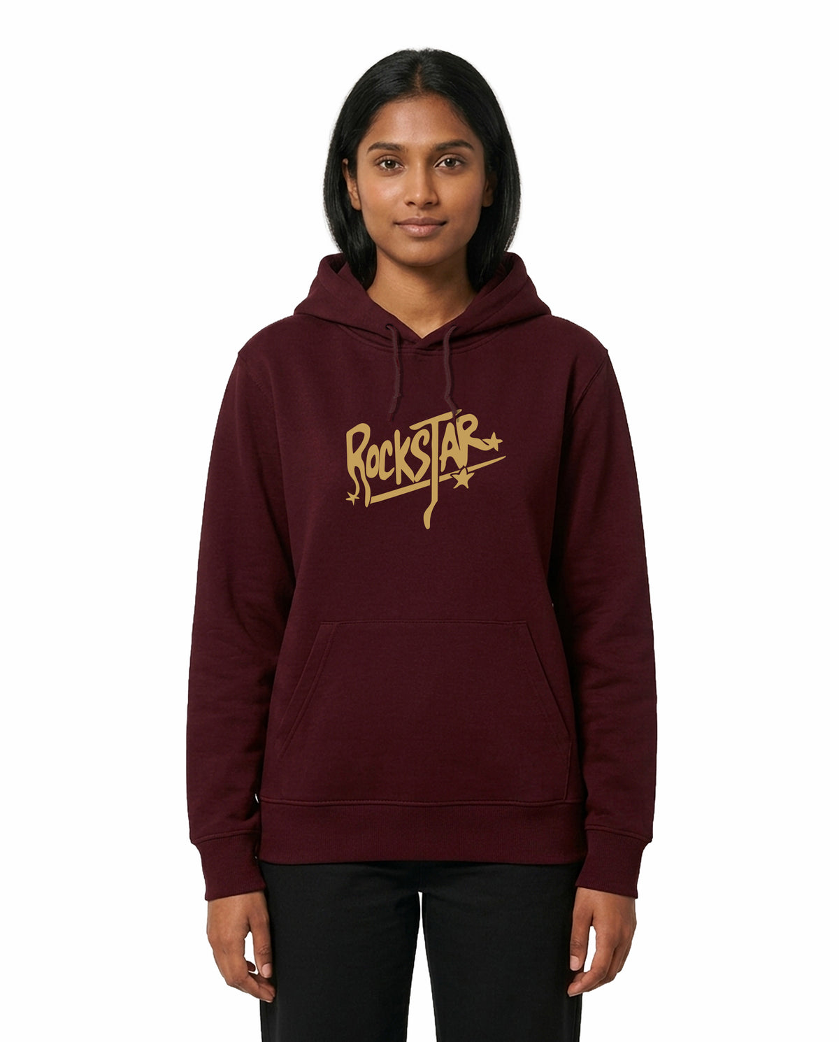 Front view of female model wearing ROCKSTAR - Unisex Regular Fit Hoodie in maroon in a studio setting.